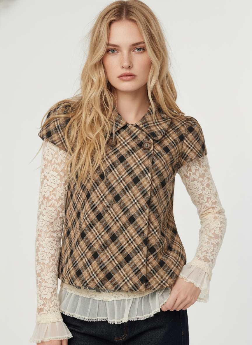 Peter Pan Collar Houndstooth & Polka Dot Button Short Sleeve Blouse — Khaki