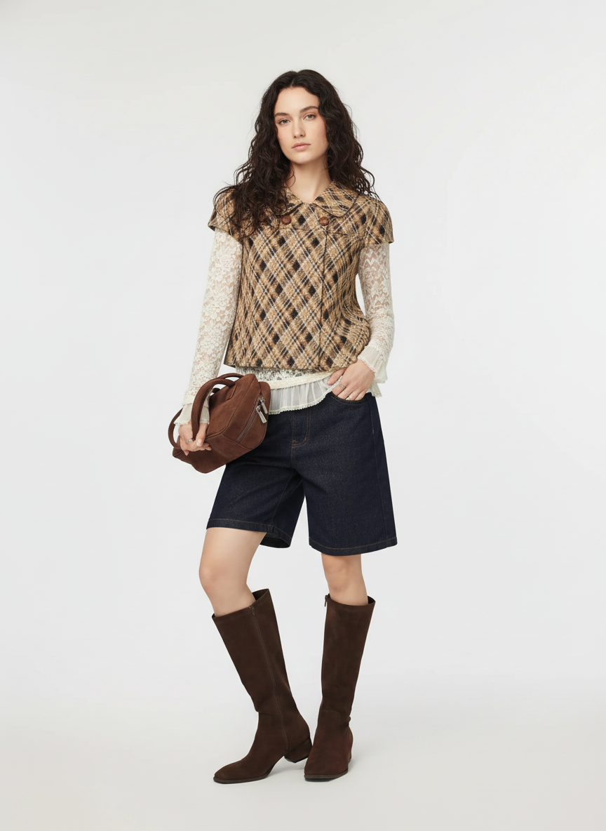 Peter Pan Collar Houndstooth & Polka Dot Button Short Sleeve Blouse — Khaki
