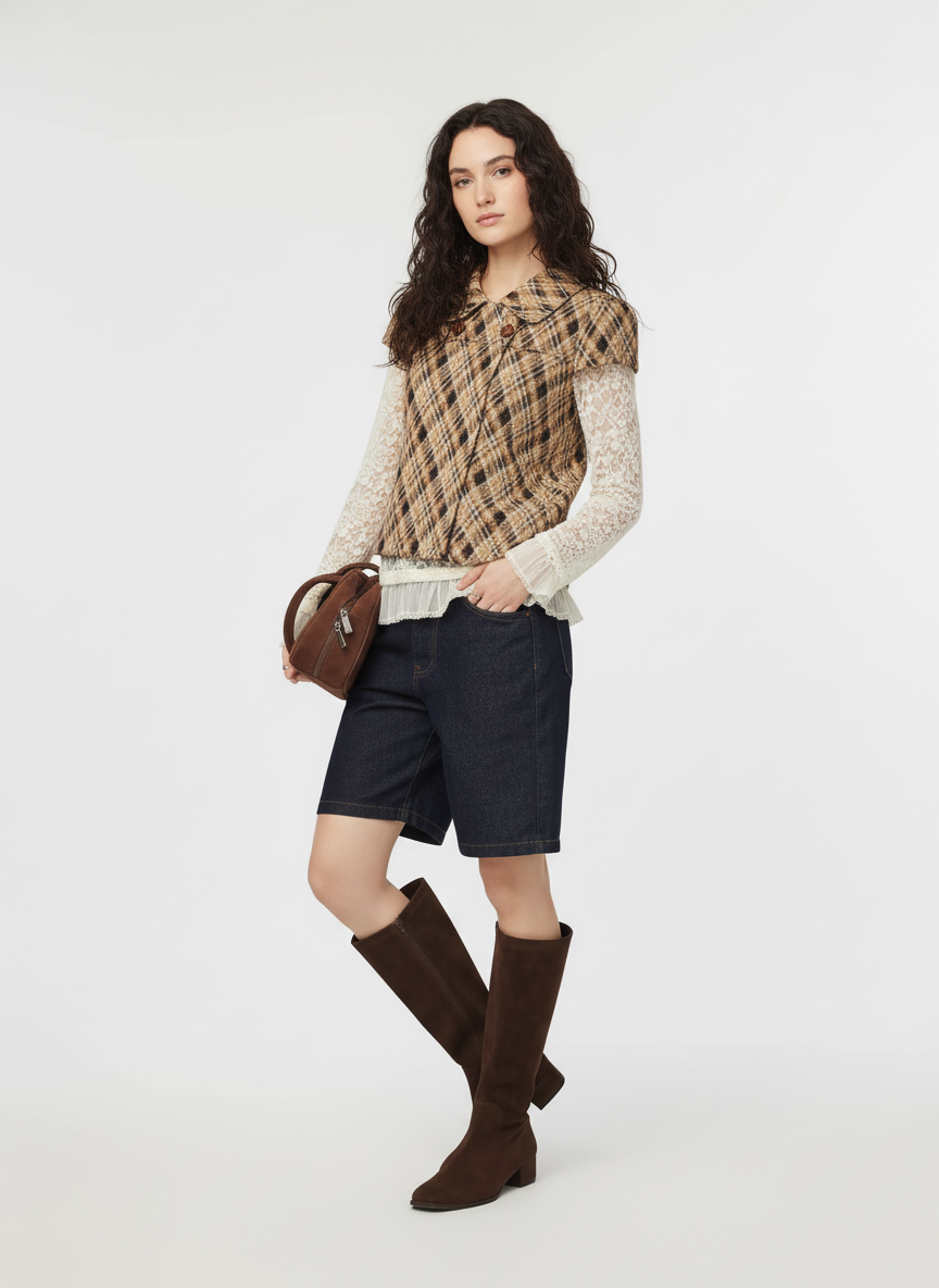 Peter Pan Collar Houndstooth & Polka Dot Button Short Sleeve Blouse — Khaki