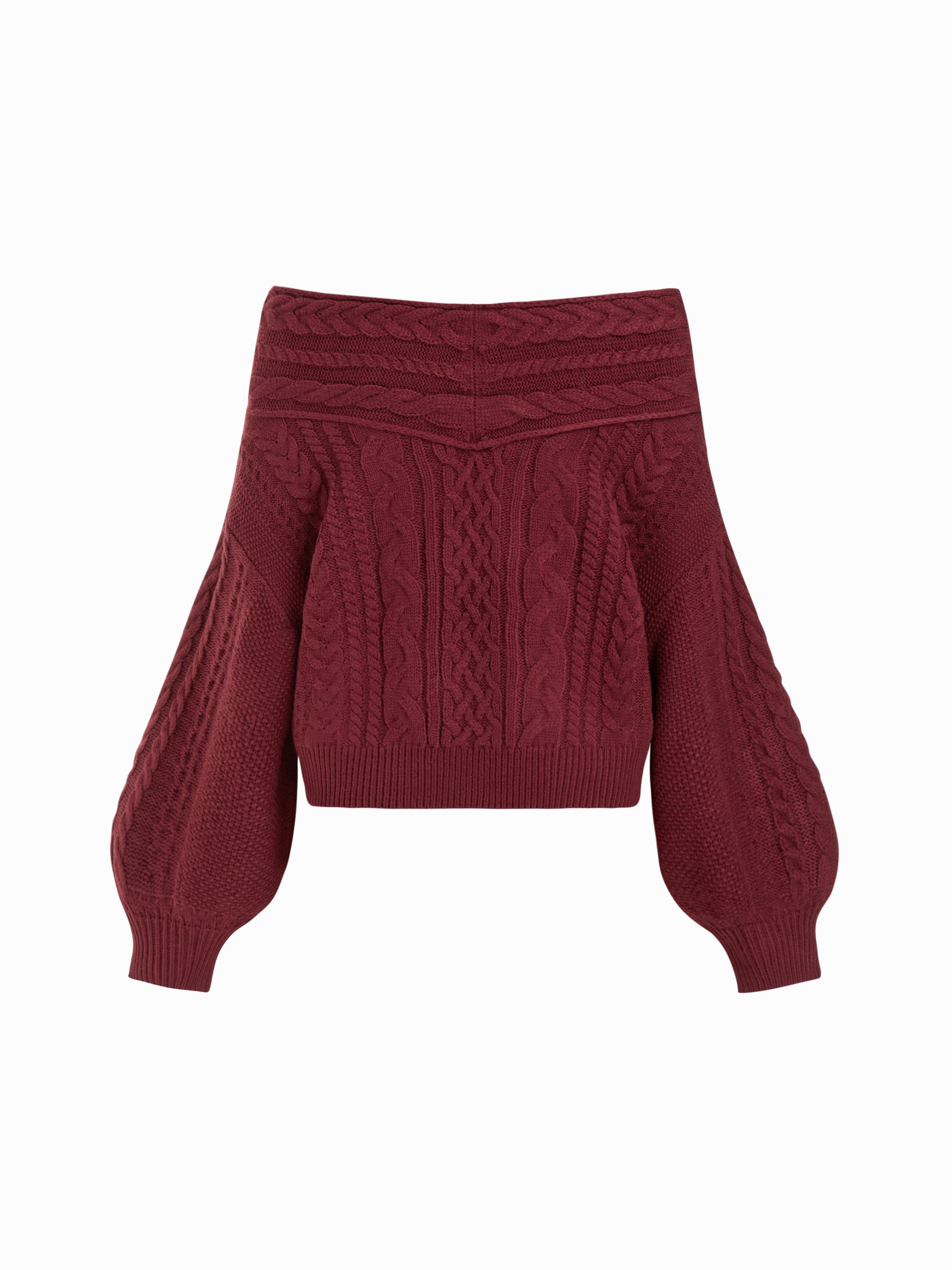 Cable Knit Off-shoulder Lantern Sleeve Oversized Top — Wine