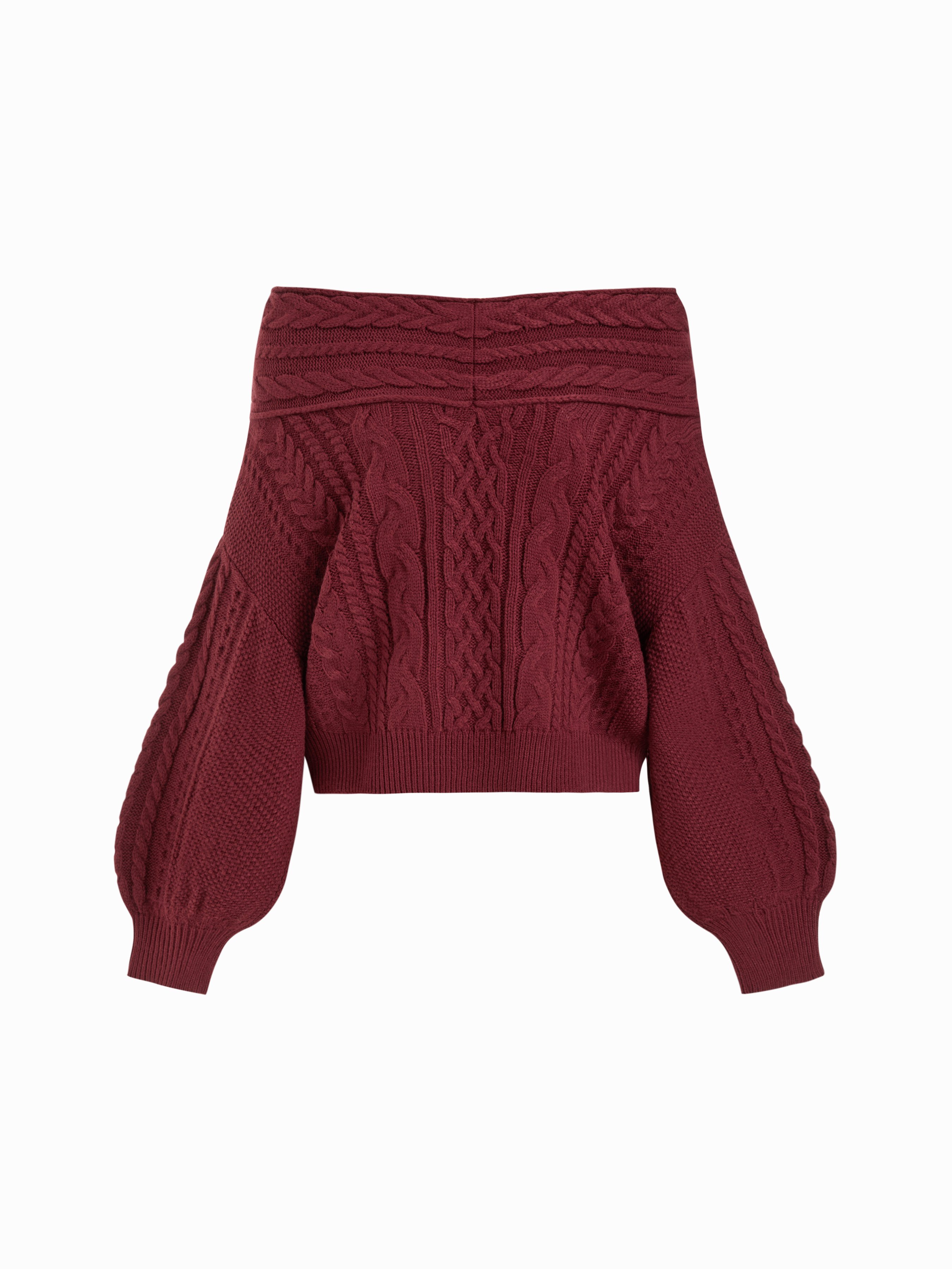 Cable Knit Off-shoulder Lantern Sleeve Oversized Top — Wine