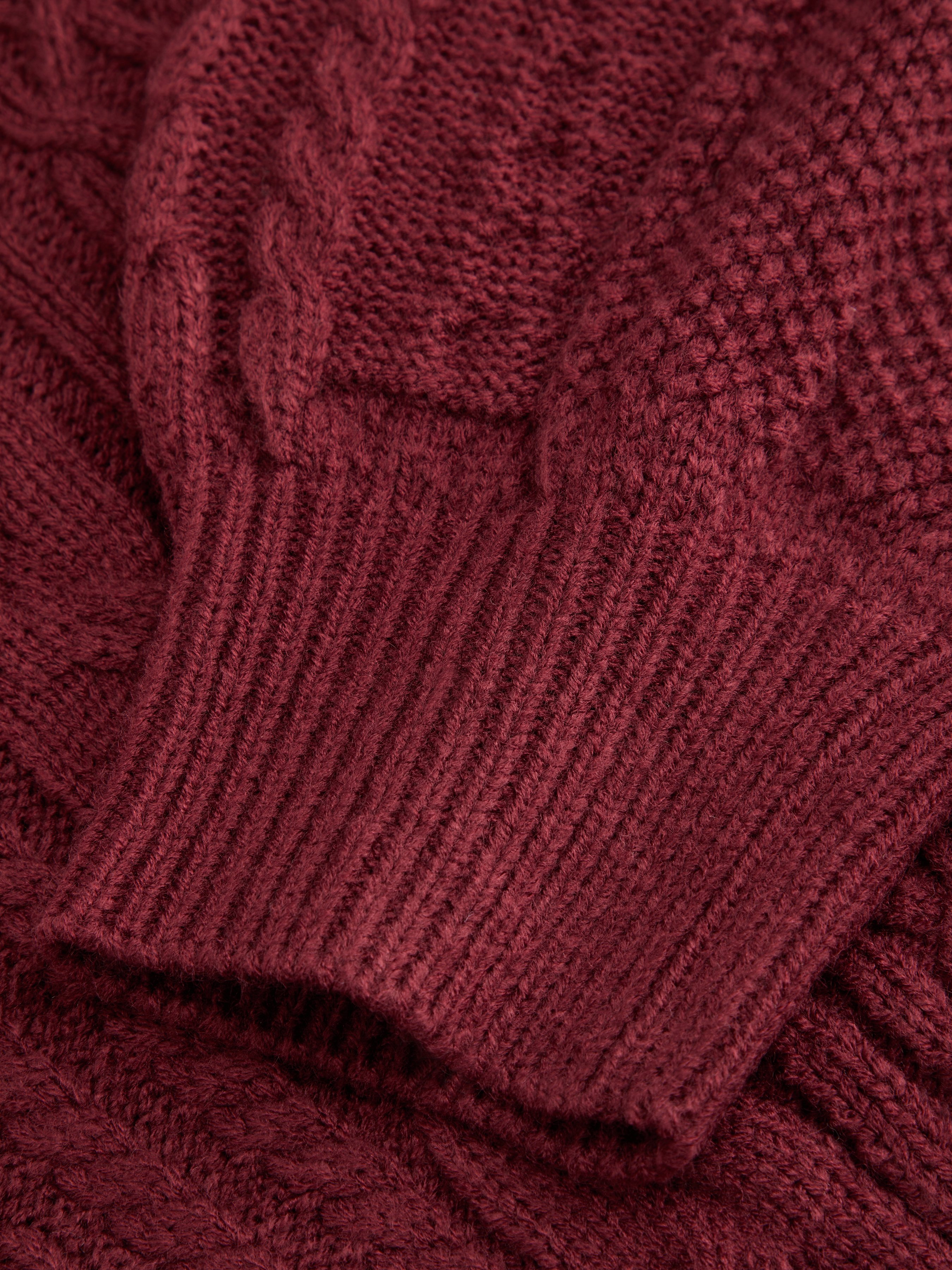 Cable Knit Off-shoulder Lantern Sleeve Oversized Top — Wine