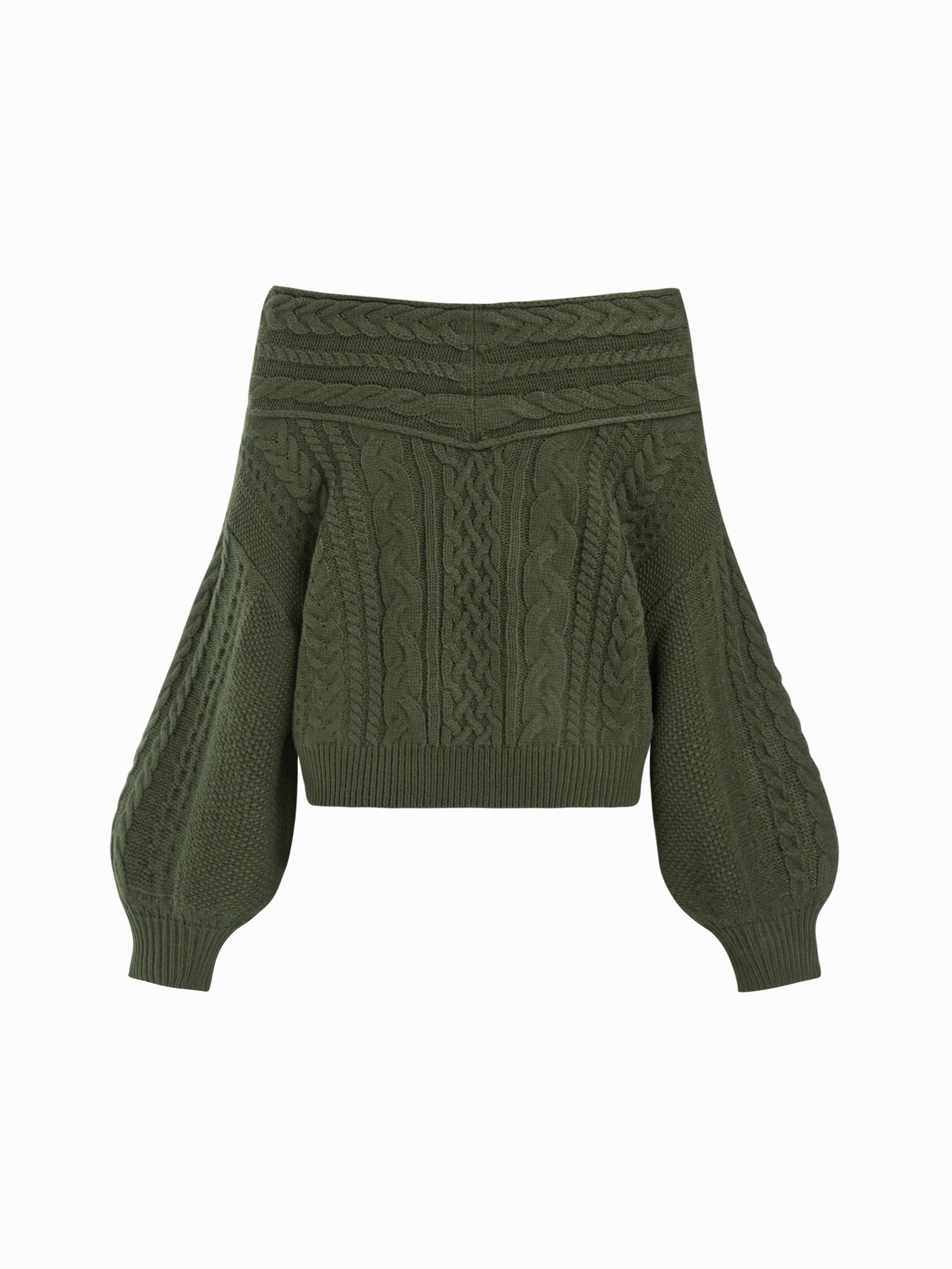 Cable Knit Off-shoulder Lantern Sleeve Oversized Top — Olive Green