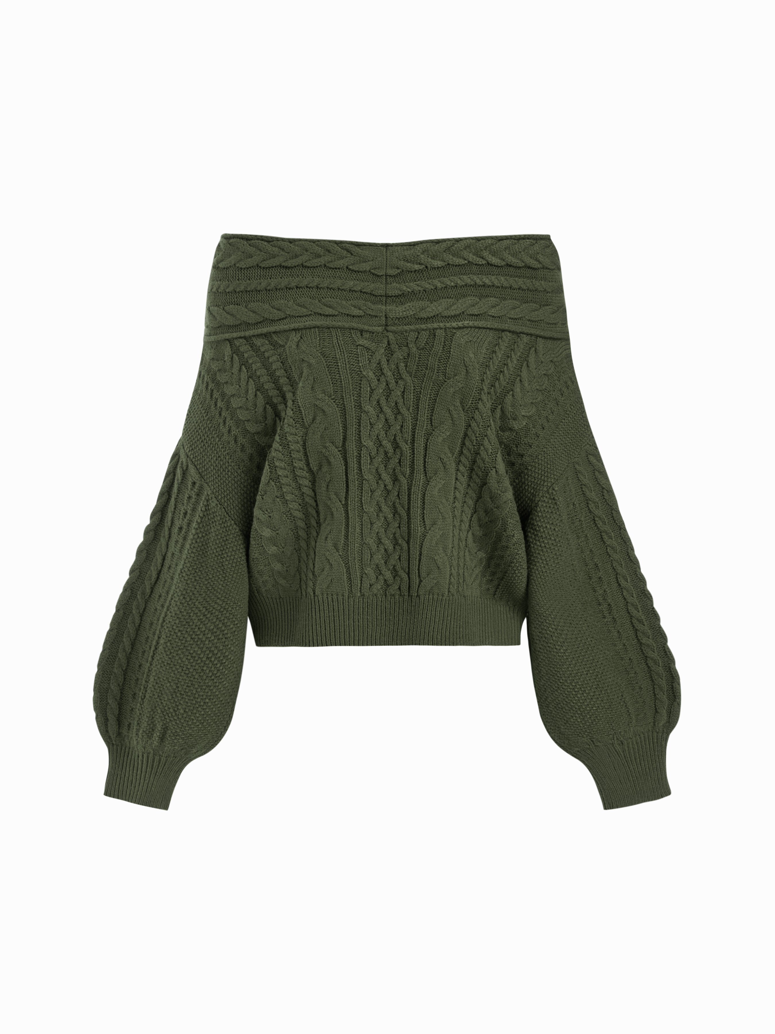 Cable Knit Off-shoulder Lantern Sleeve Oversized Top — Olive Green