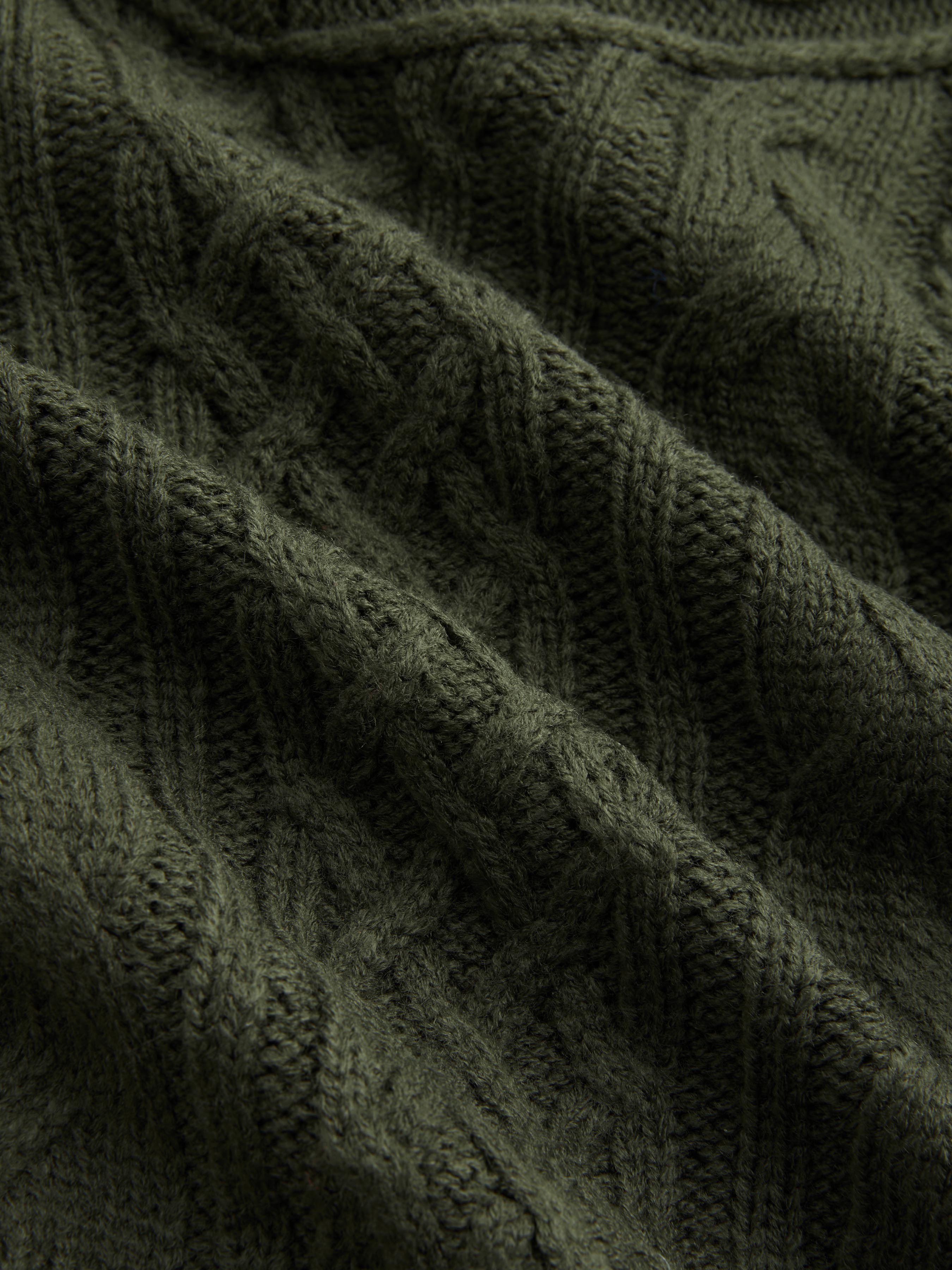 Cable Knit Off-shoulder Lantern Sleeve Oversized Top — Olive Green