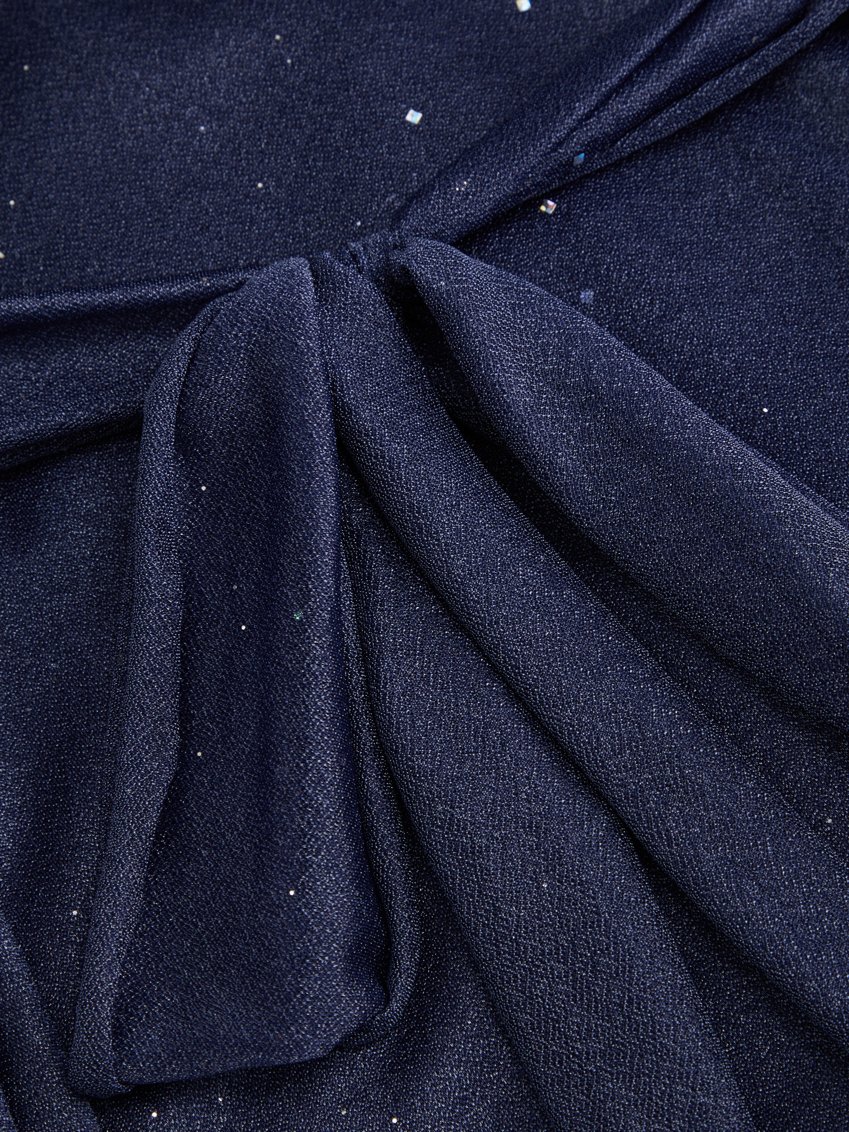 Sequin V-Neck Halter Ruffled Hem Oversized Mini Dress With Scarf — Dark Navy