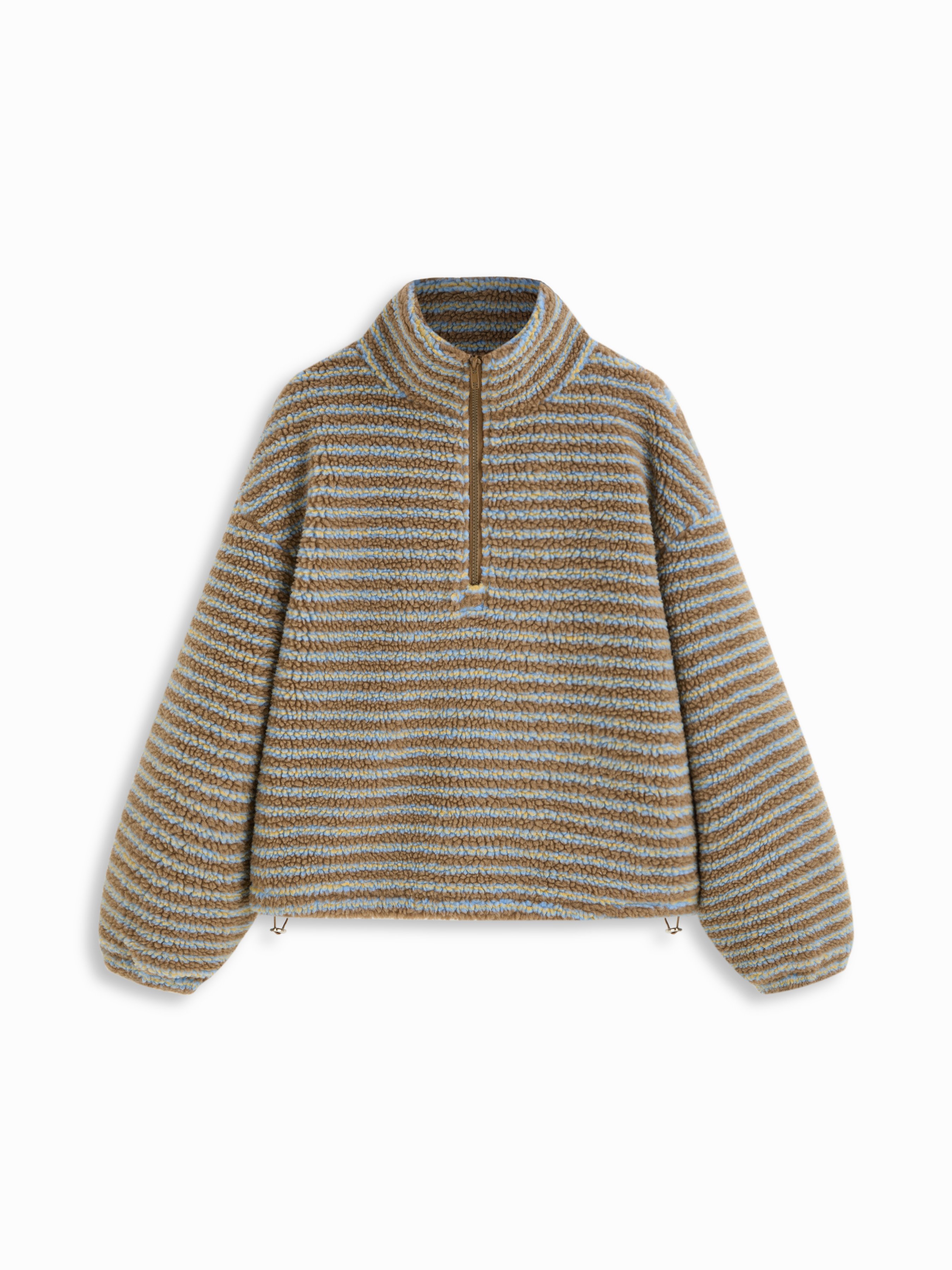 Fleece Stripe Stand Collar Drawstring Half Zip Oversized Sweatshirt — Coffee