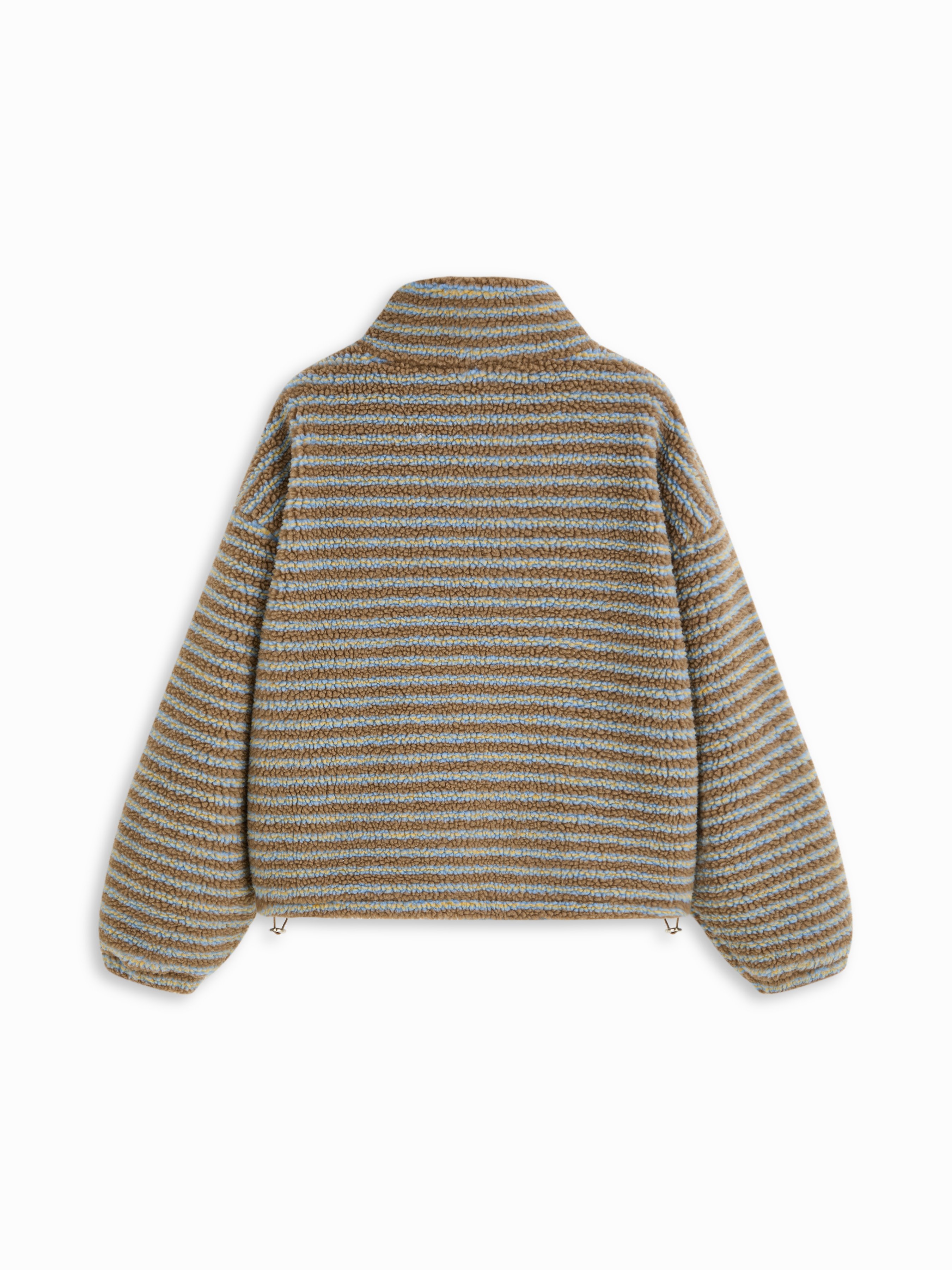 Fleece Stripe Stand Collar Drawstring Half Zip Oversized Sweatshirt — Coffee