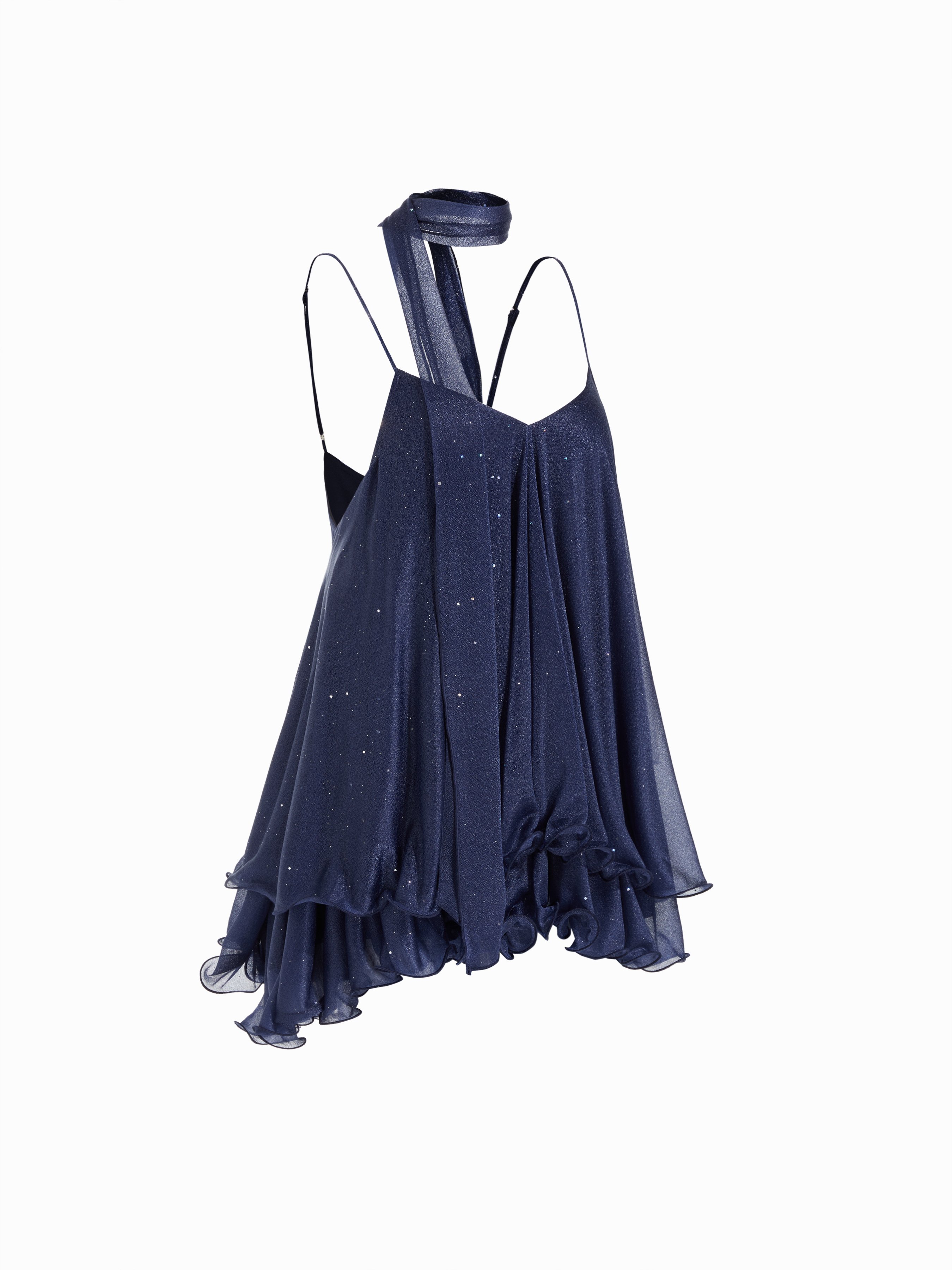 Sequin V-Neck Halter Ruffled Hem Oversized Mini Dress With Scarf — Dark Navy