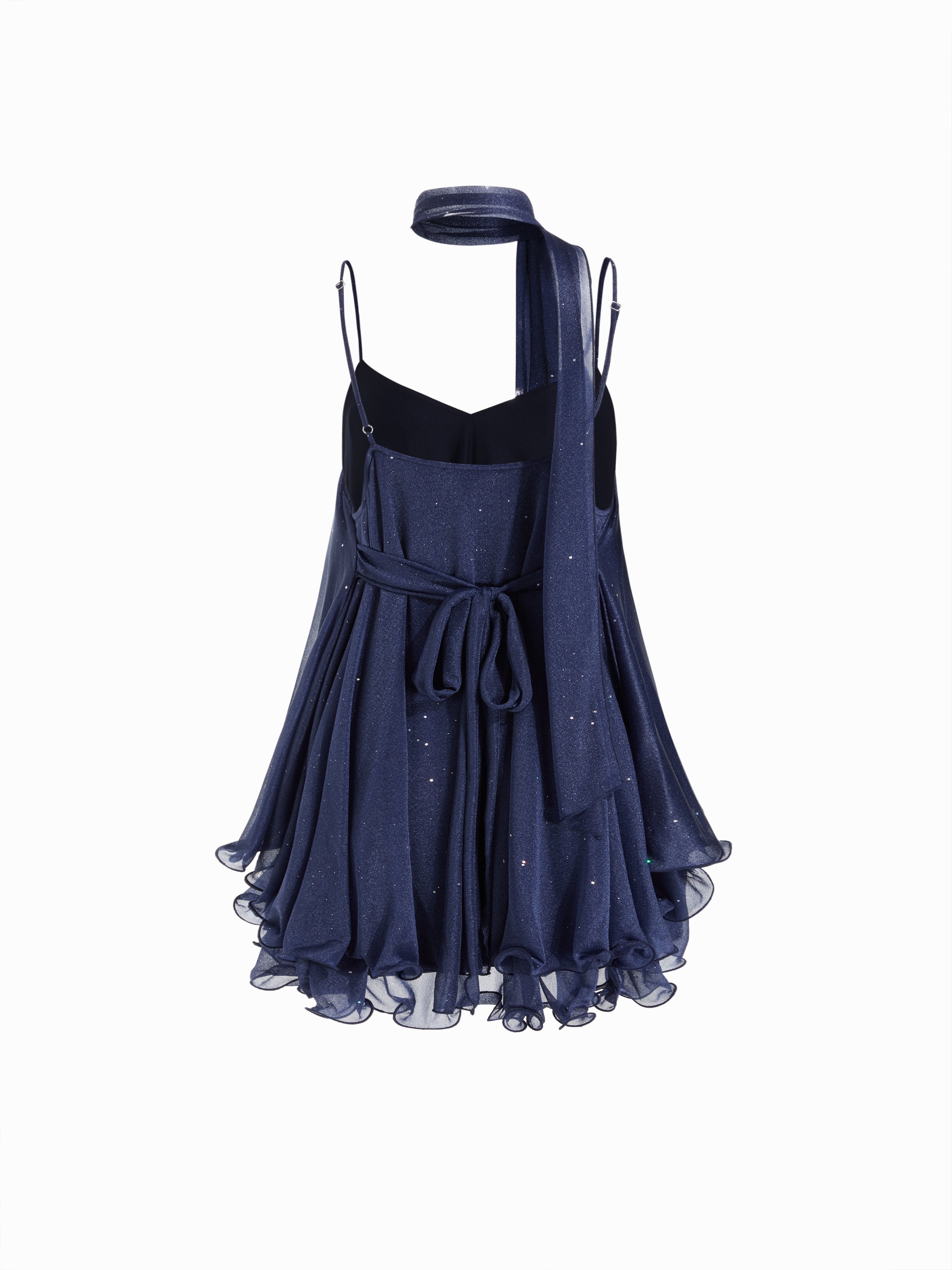 Sequin V-Neck Halter Ruffled Hem Oversized Mini Dress With Scarf — Dark Navy