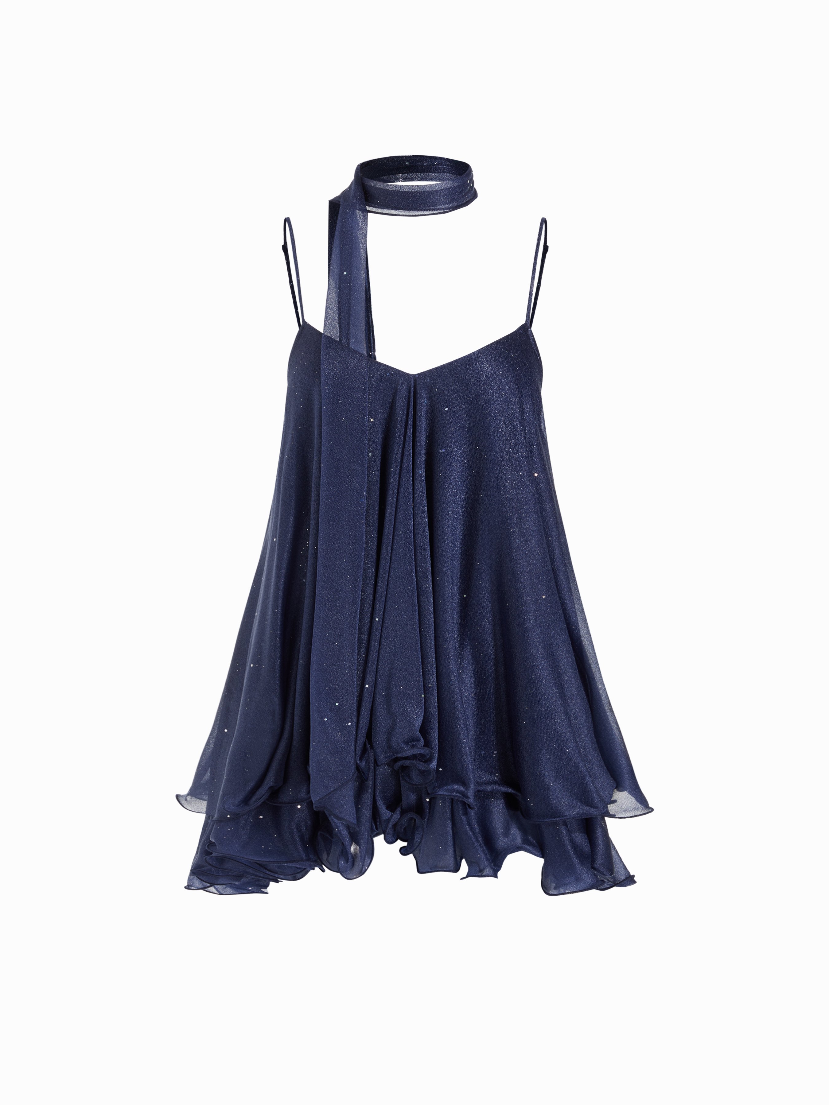 Sequin V-Neck Halter Ruffled Hem Oversized Mini Dress With Scarf — Dark Navy