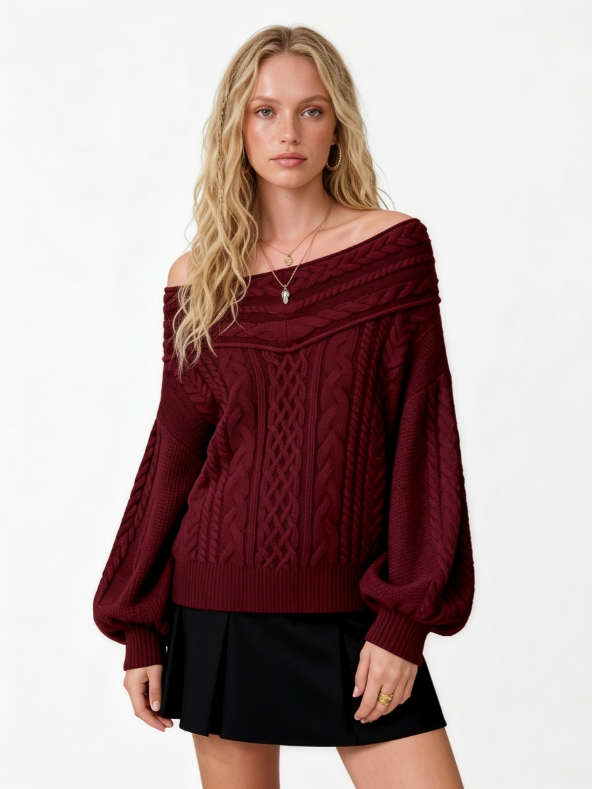 Cable Knit Off-shoulder Lantern Sleeve Oversized Top — Wine
