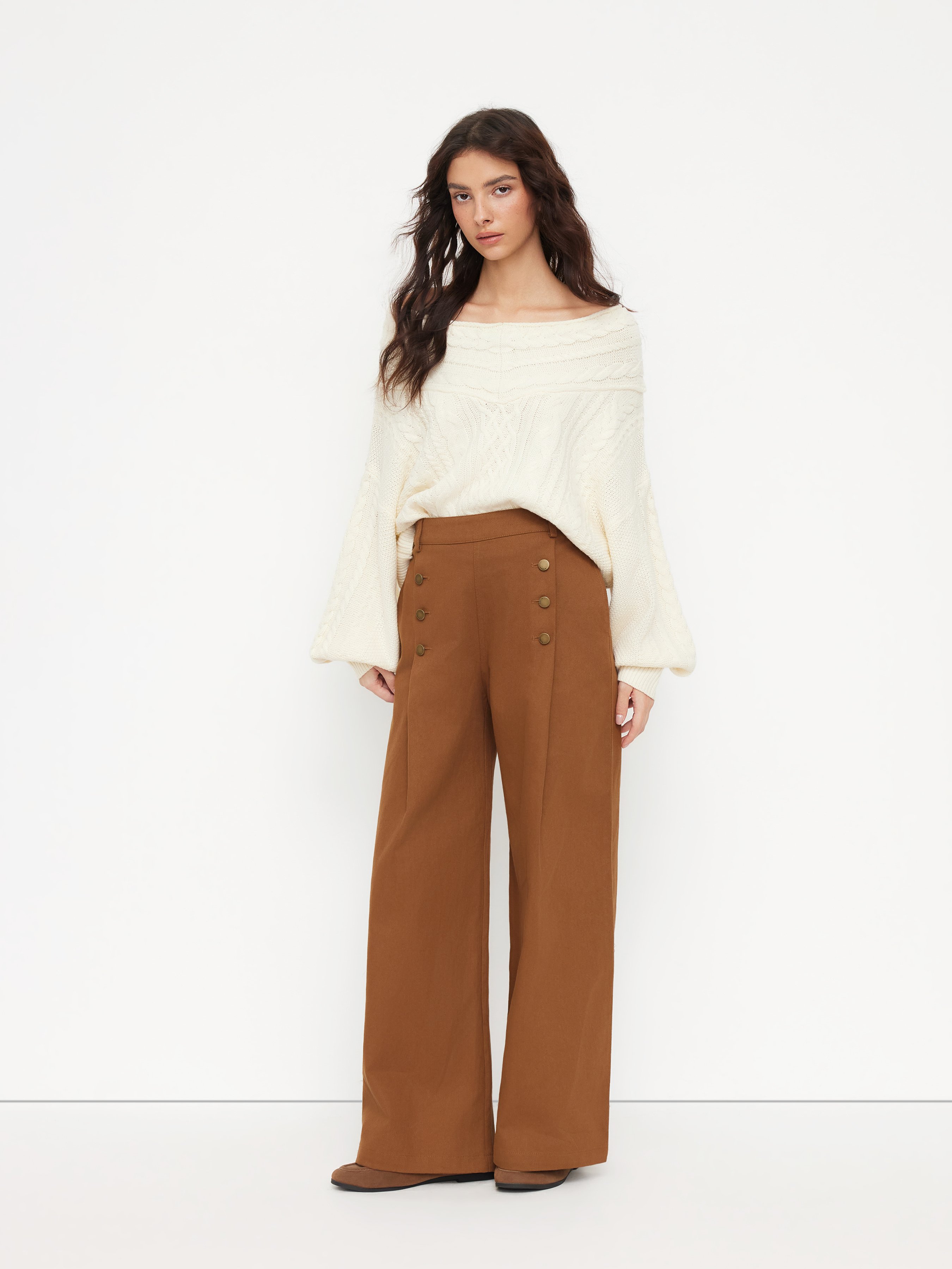 Cable Knit Off-shoulder Lantern Sleeve Oversized Top — White