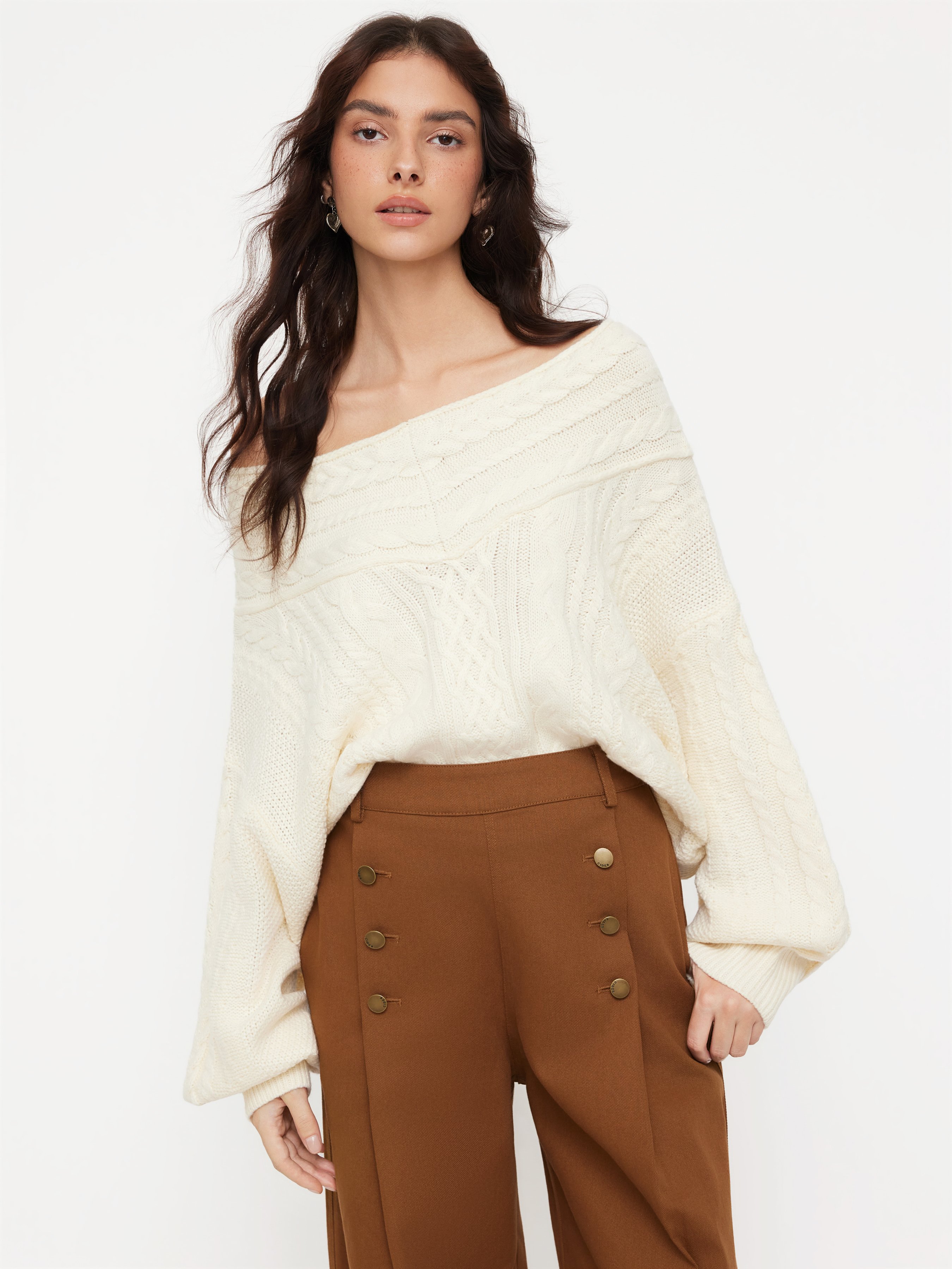 Cable Knit Off-shoulder Lantern Sleeve Oversized Top — White