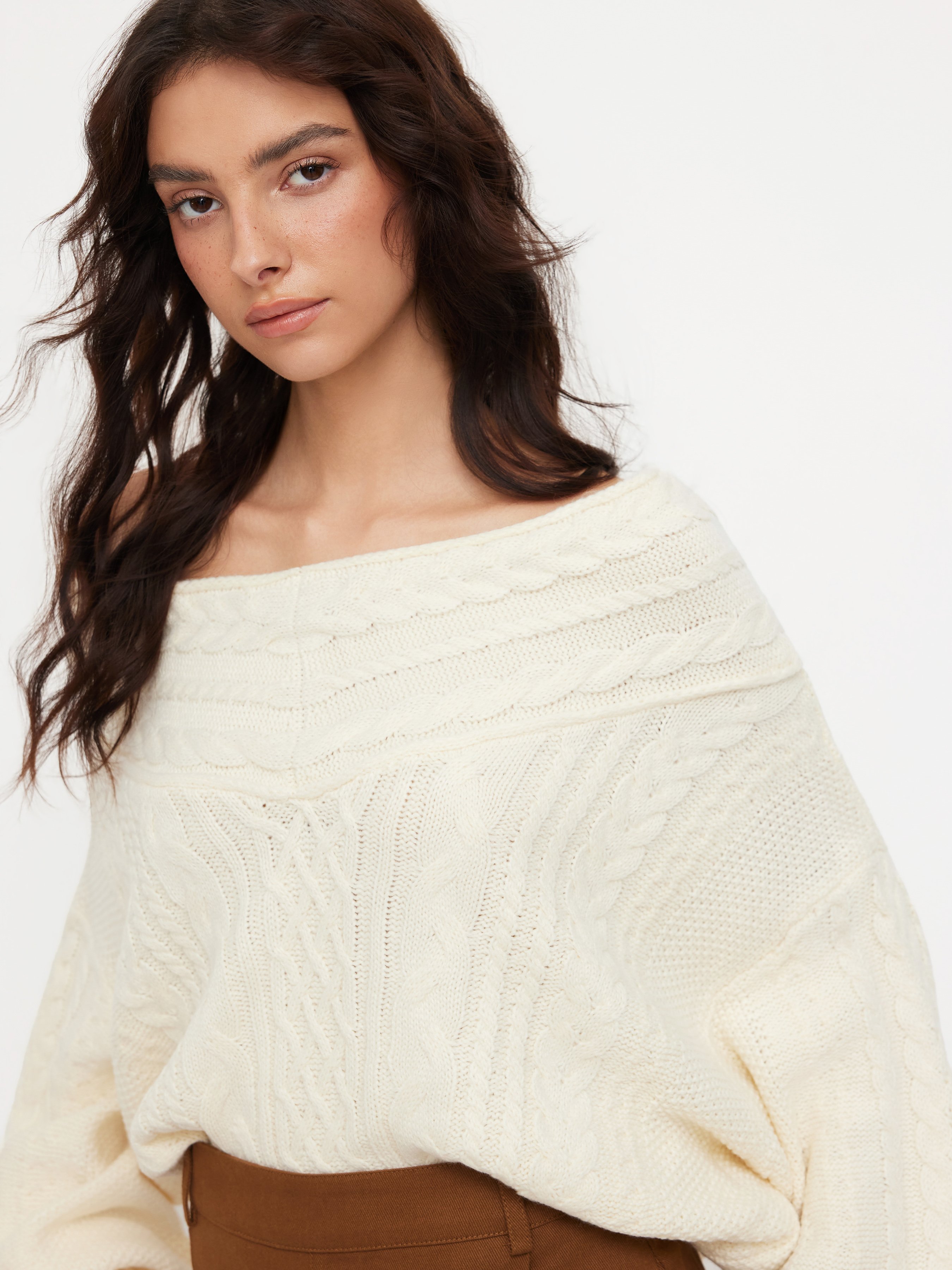 Cable Knit Off-shoulder Lantern Sleeve Oversized Top — White