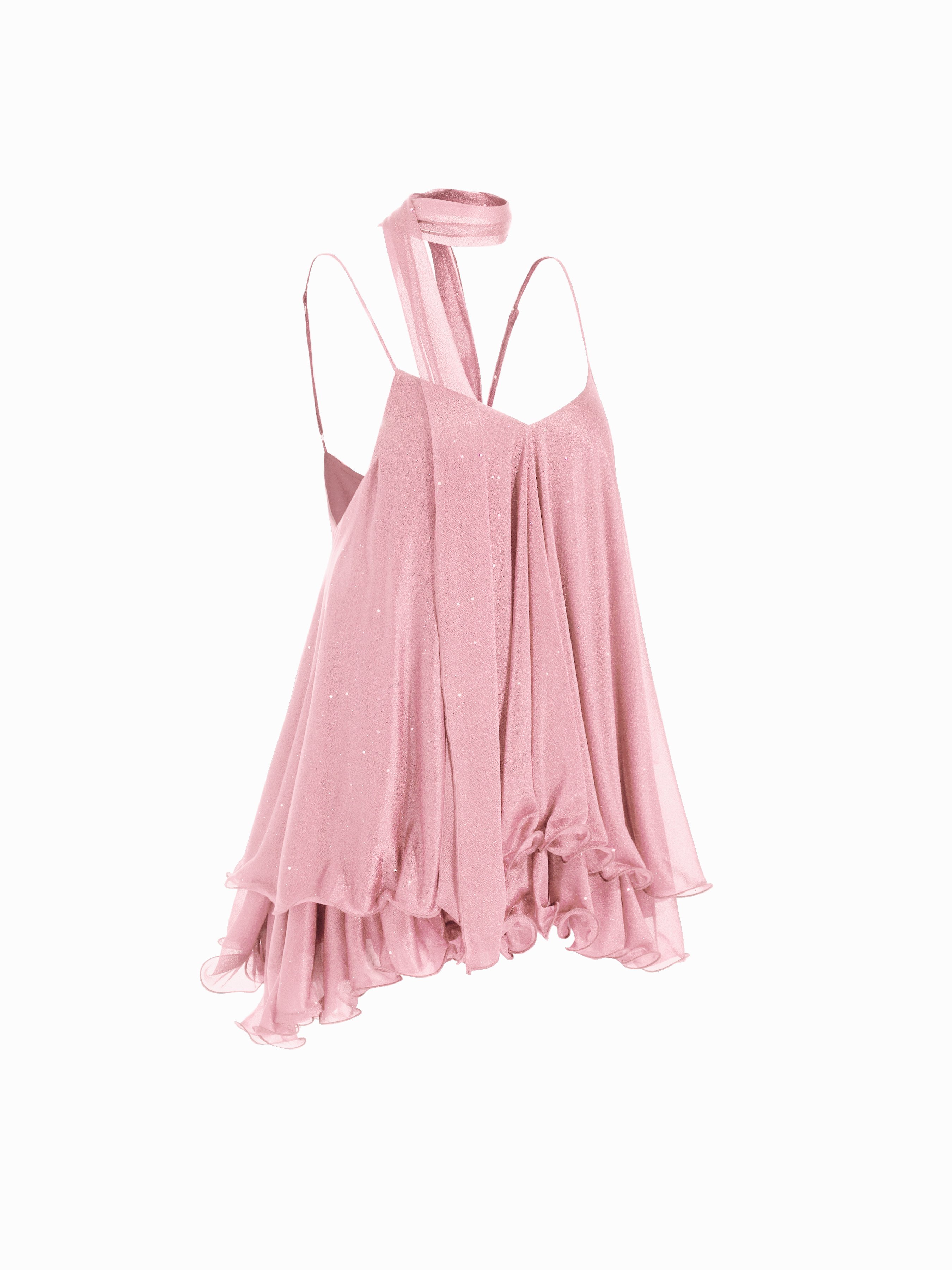 Sequin V-Neck Halter Ruffled Hem Oversized Mini Dress With Scarf — Pink