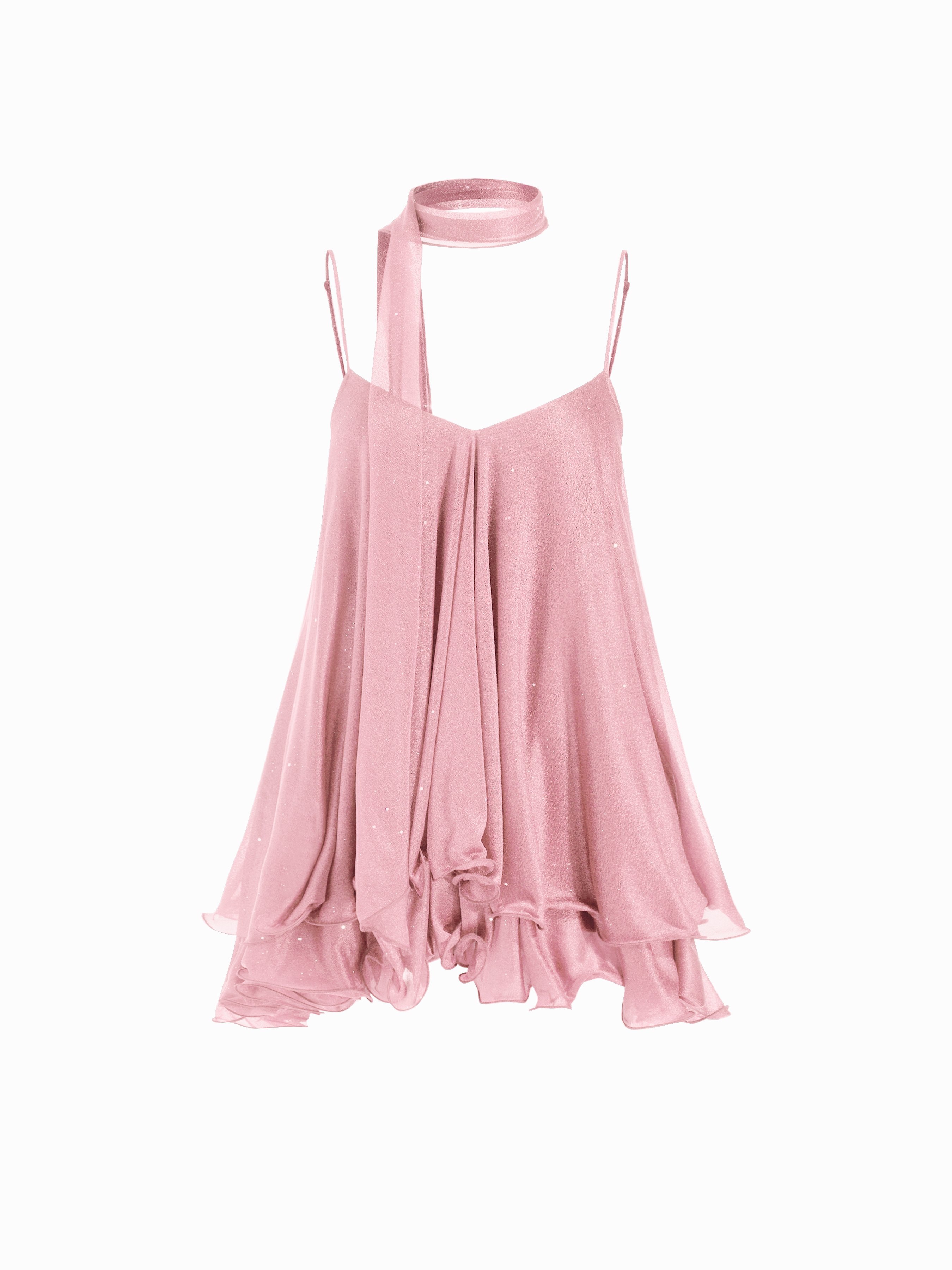 Sequin V-Neck Halter Ruffled Hem Oversized Mini Dress With Scarf — Pink