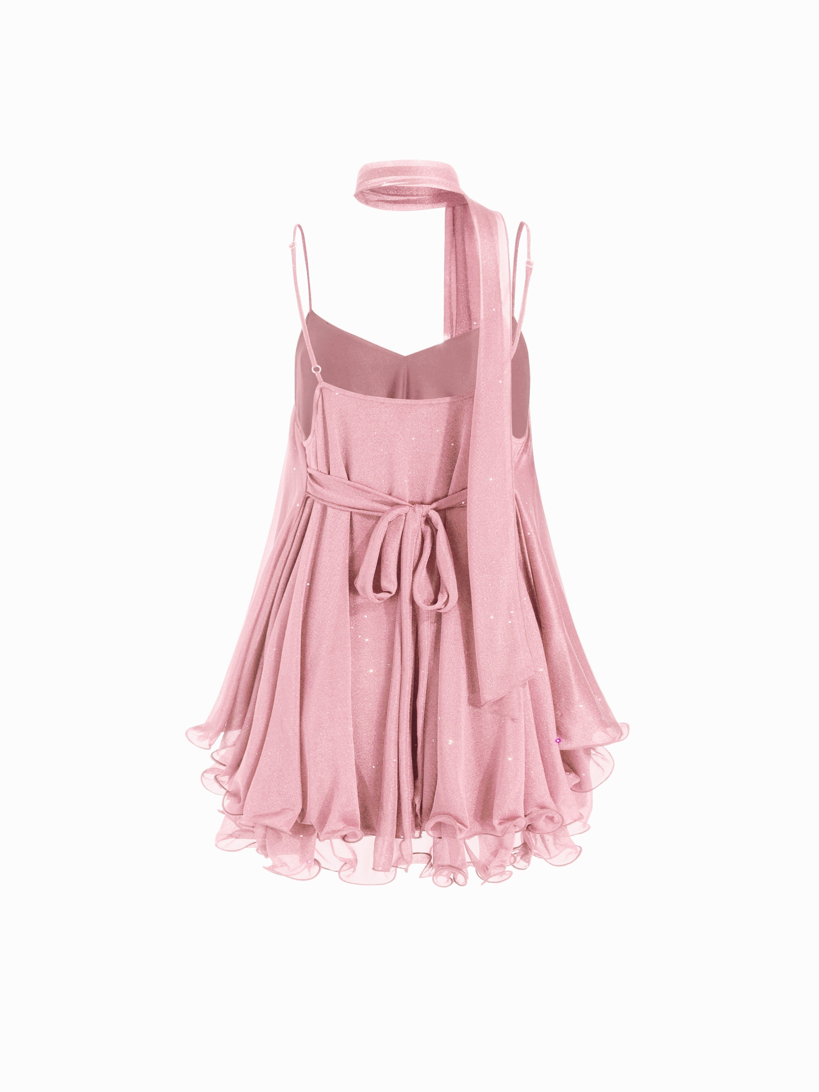 Sequin V-Neck Halter Ruffled Hem Oversized Mini Dress With Scarf — Pink