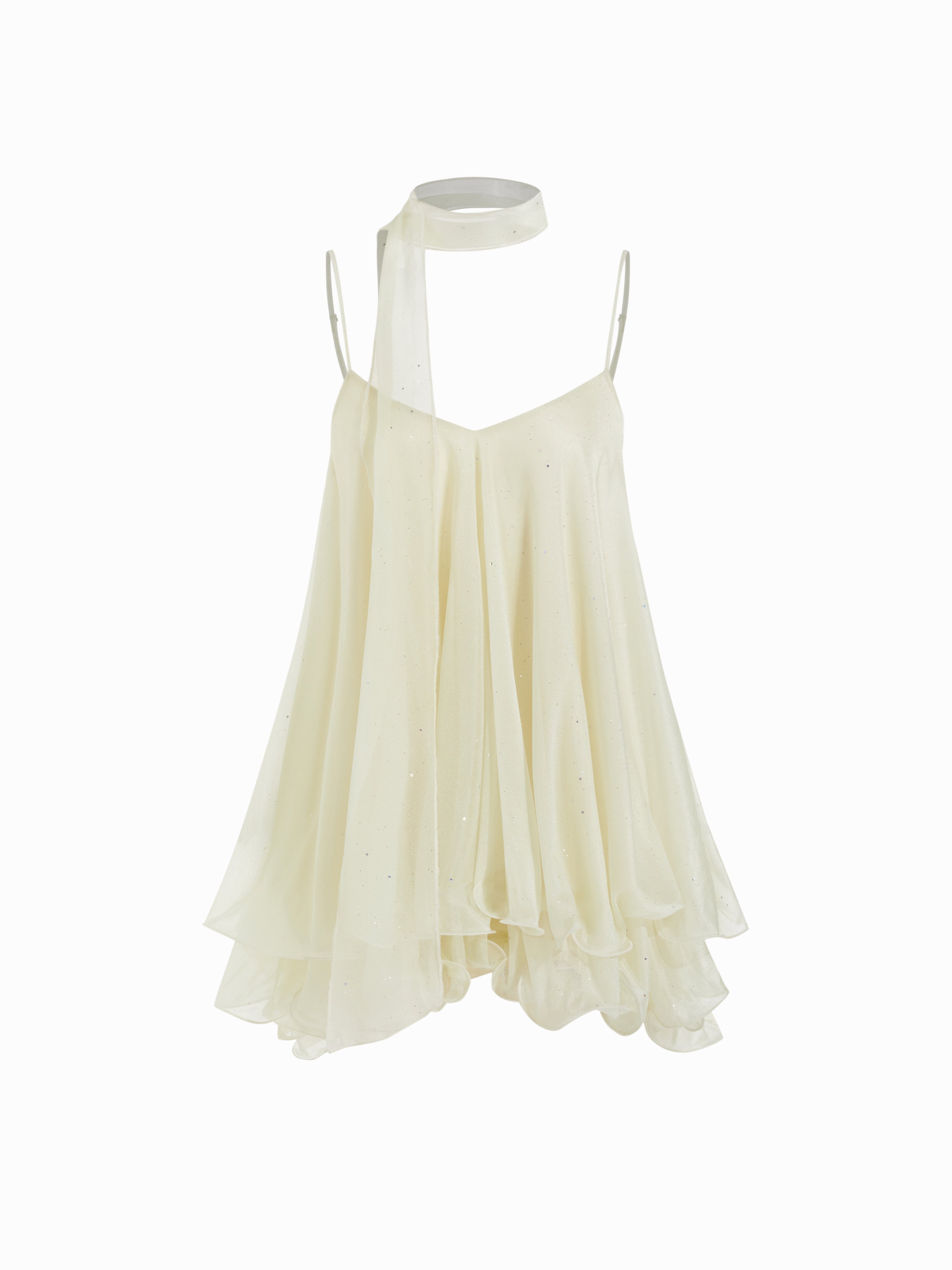Sequin V-Neck Halter Ruffled Hem Oversized Mini Dress With Scarf — Beige
