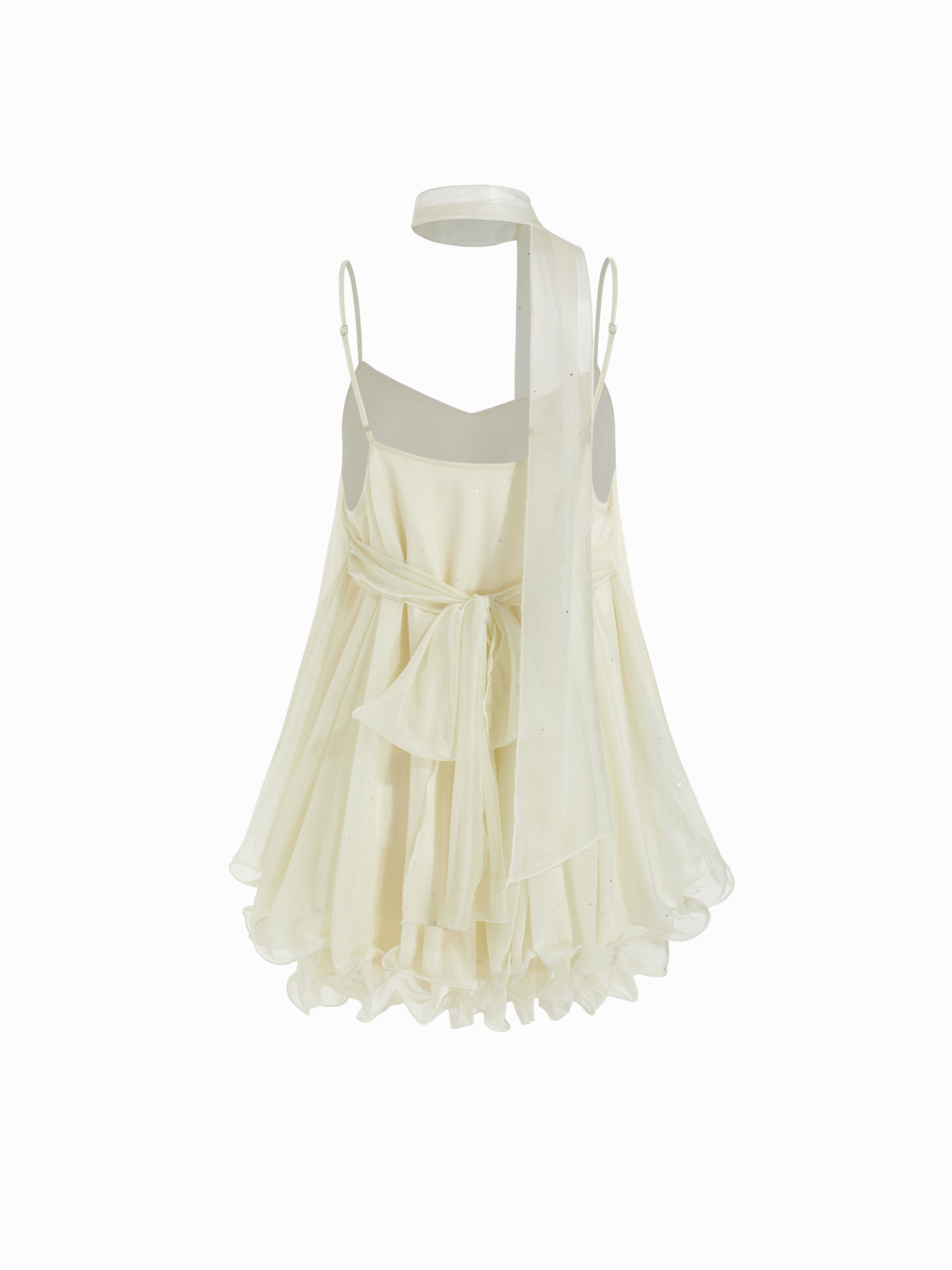 Sequin V-Neck Halter Ruffled Hem Oversized Mini Dress With Scarf — Beige