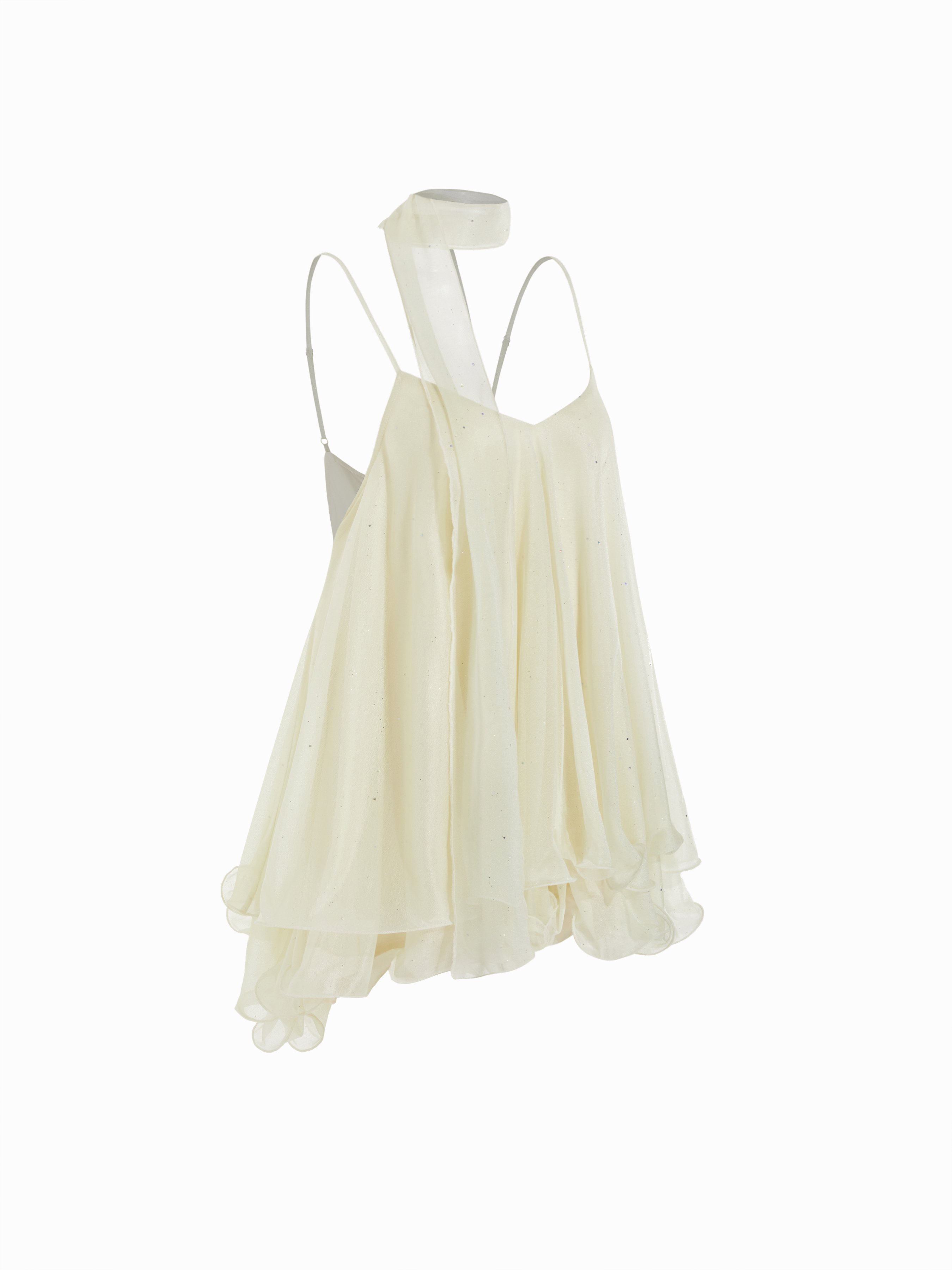 Sequin V-Neck Halter Ruffled Hem Oversized Mini Dress With Scarf — Beige