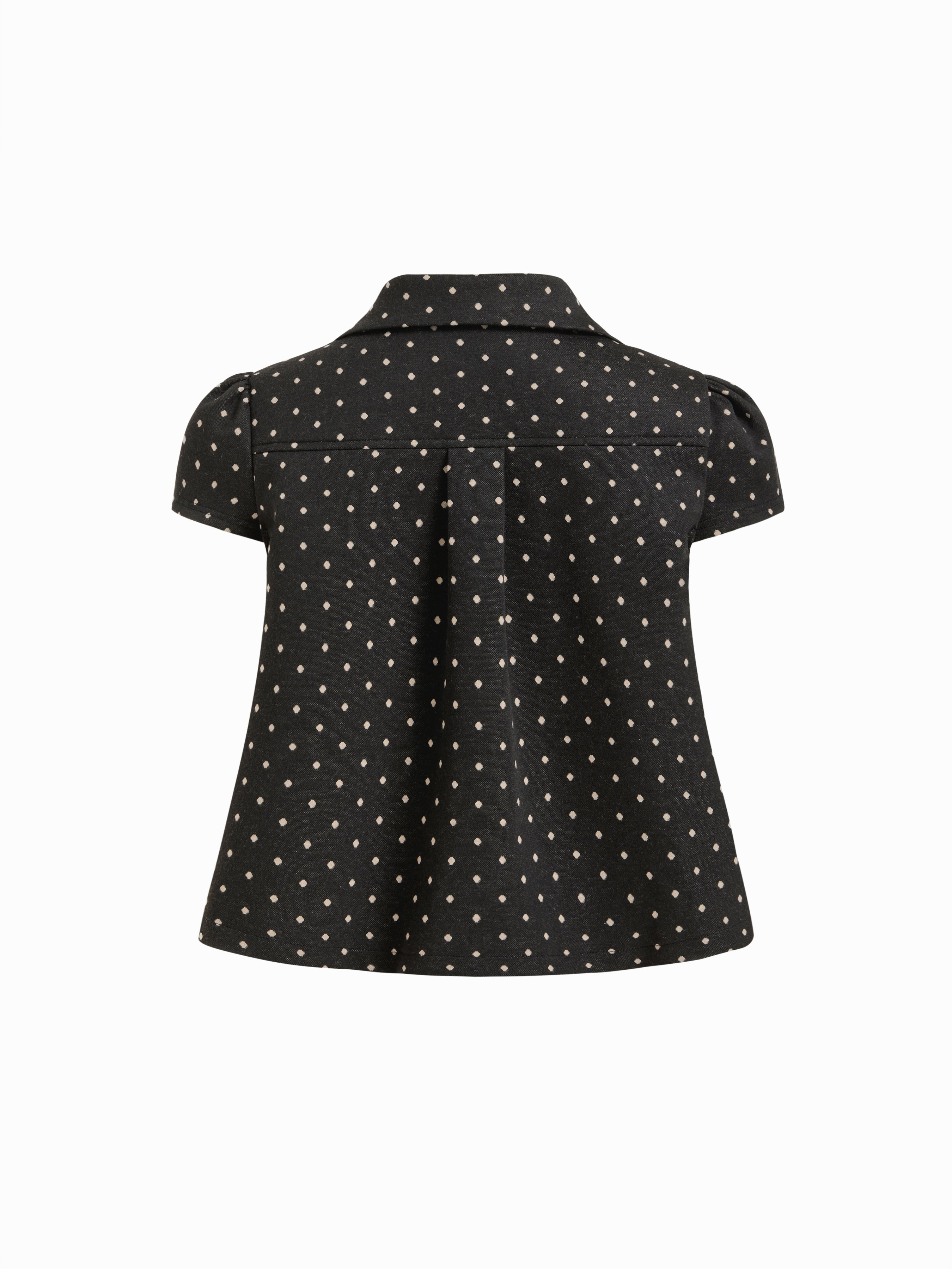 Peter Pan Collar Houndstooth & Polka Dot Button Short Sleeve Blouse — Black