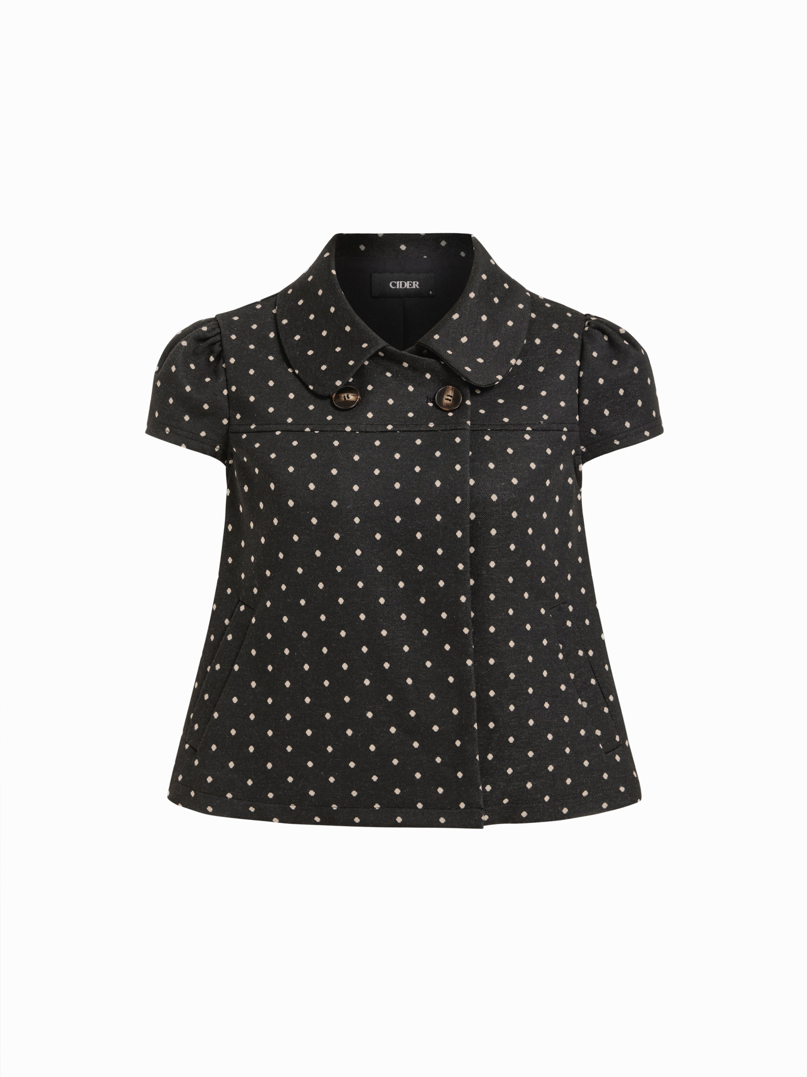 Peter Pan Collar Houndstooth & Polka Dot Button Short Sleeve Blouse — Black