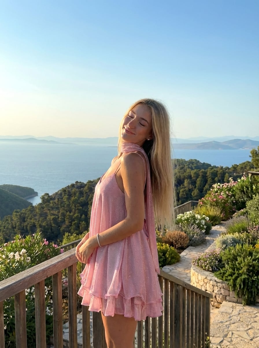 Sequin V-Neck Halter Ruffled Hem Oversized Mini Dress With Scarf — Pink