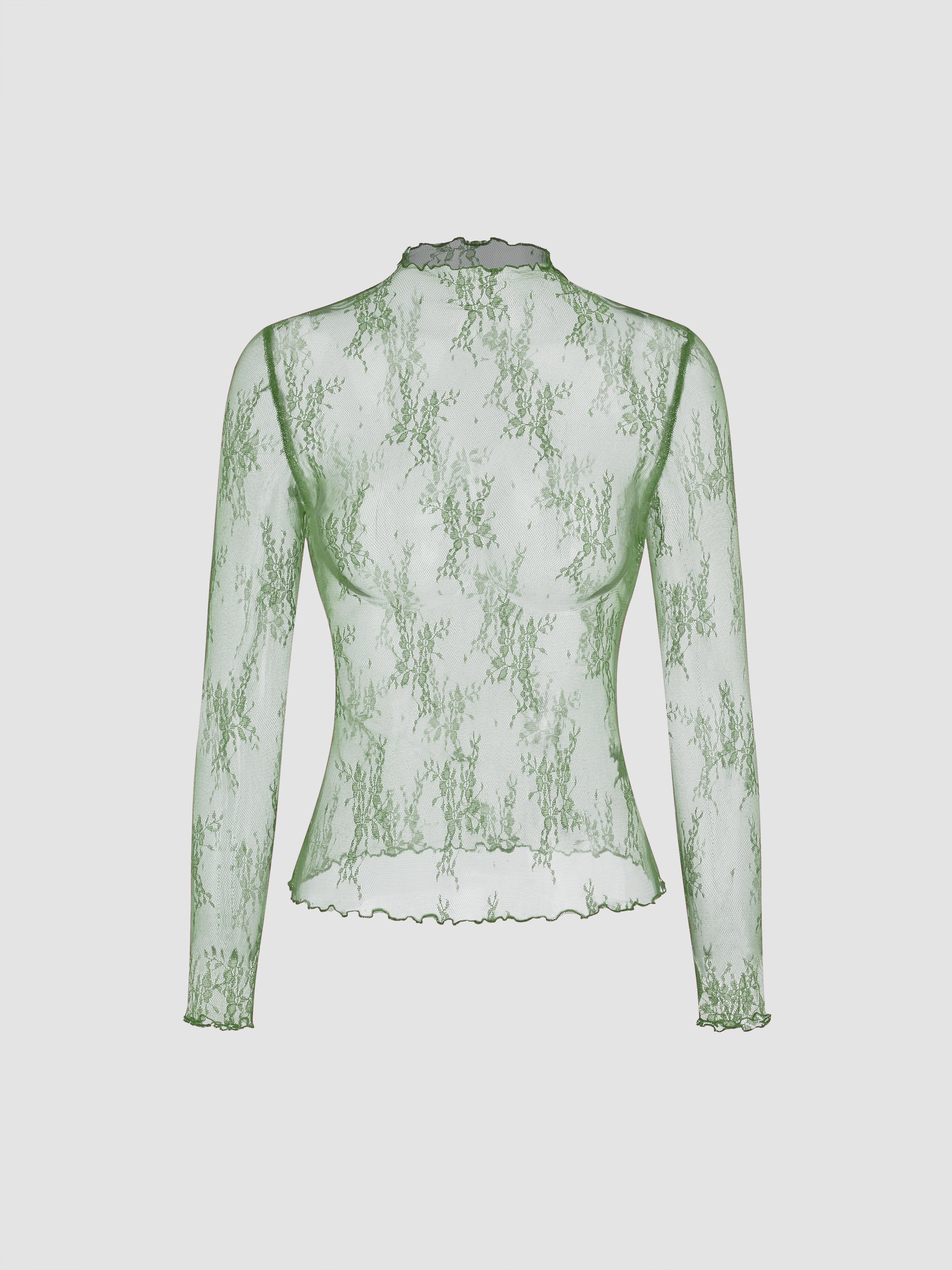 Lace High Neck Lace Long Sleeve Top — Light Green