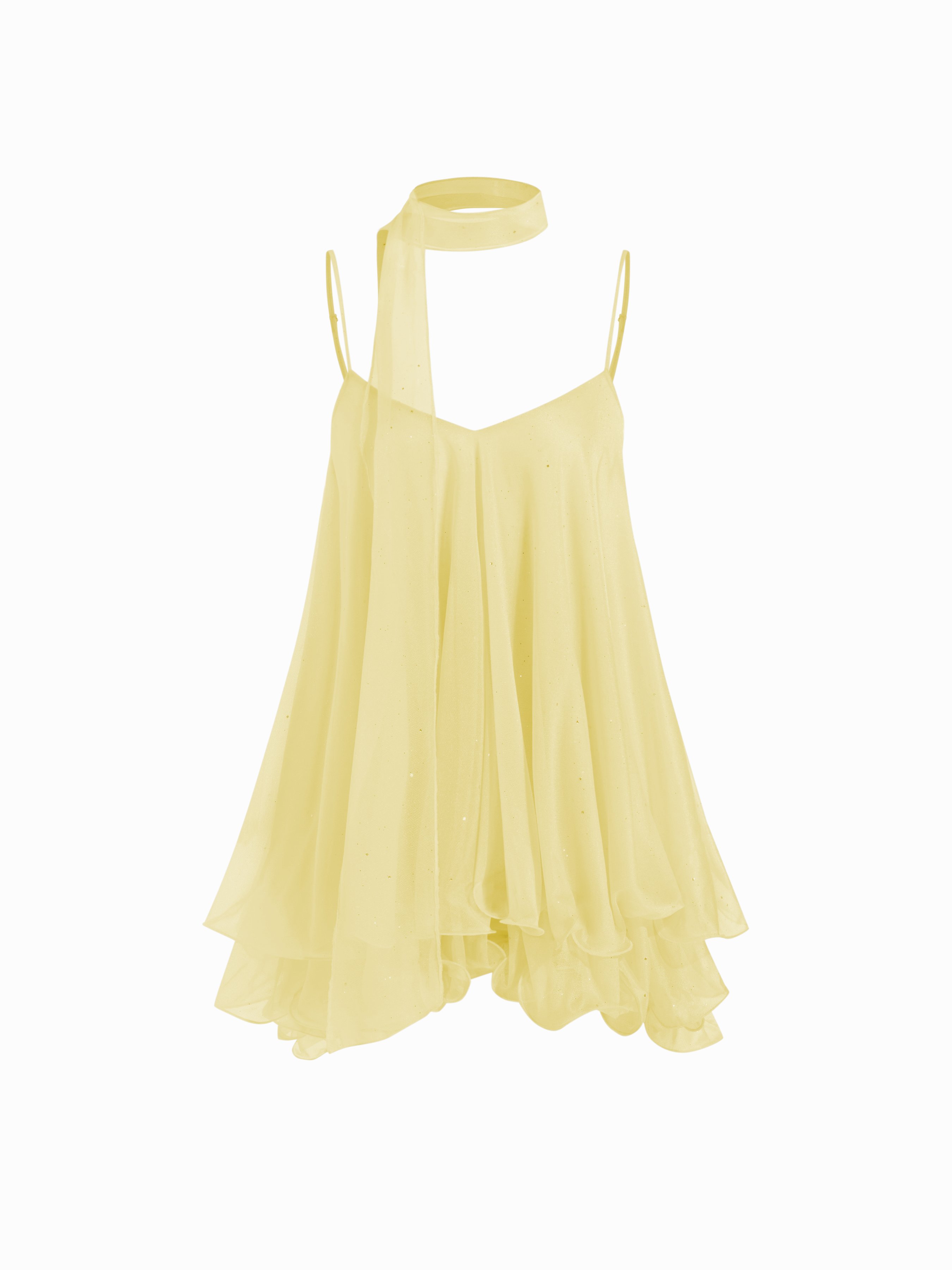 Sequin V-Neck Halter Ruffled Hem Oversized Mini Dress With Scarf — Light Yellow