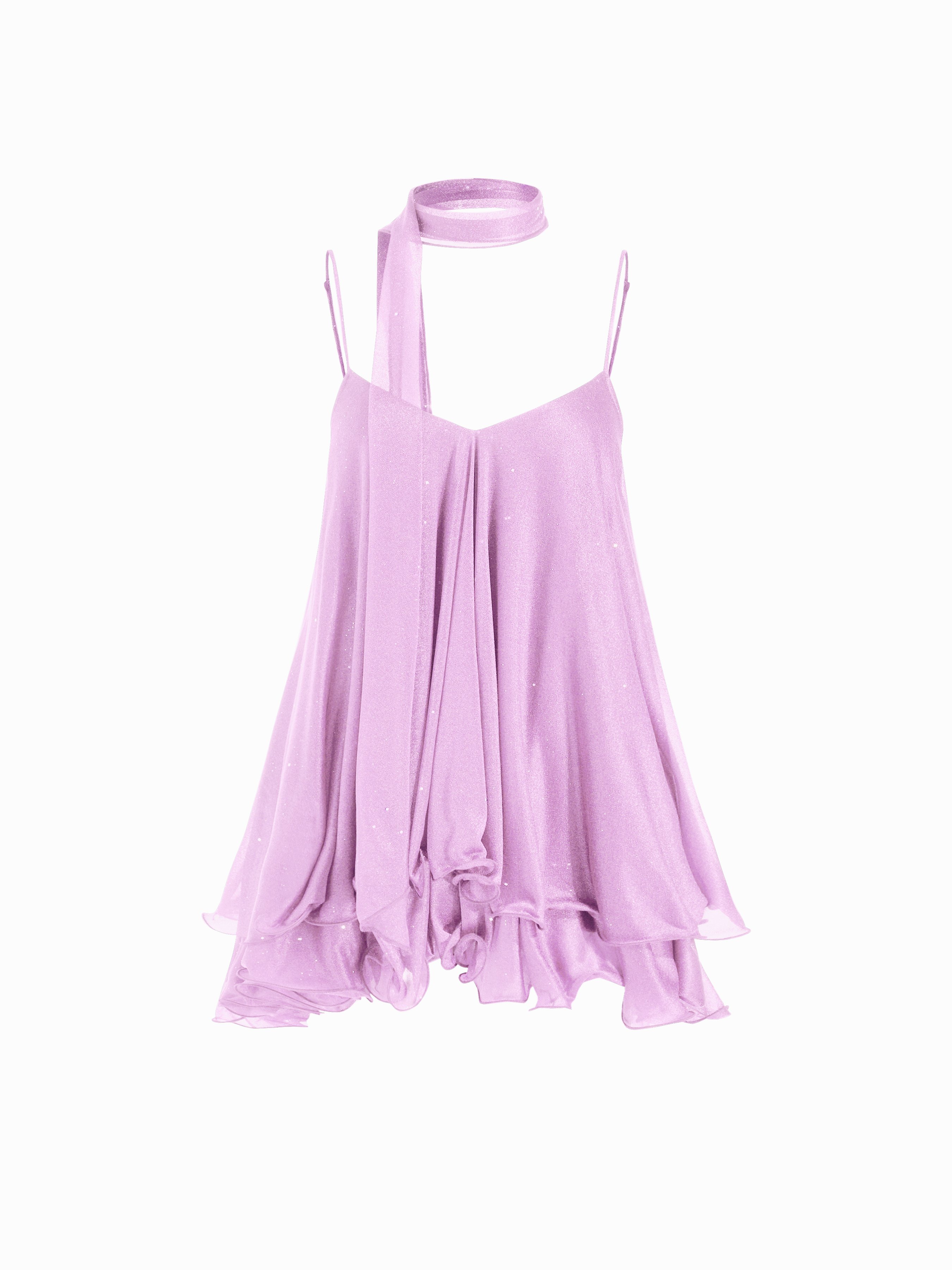 Sequin V-Neck Halter Ruffled Hem Oversized Mini Dress With Scarf — Violet