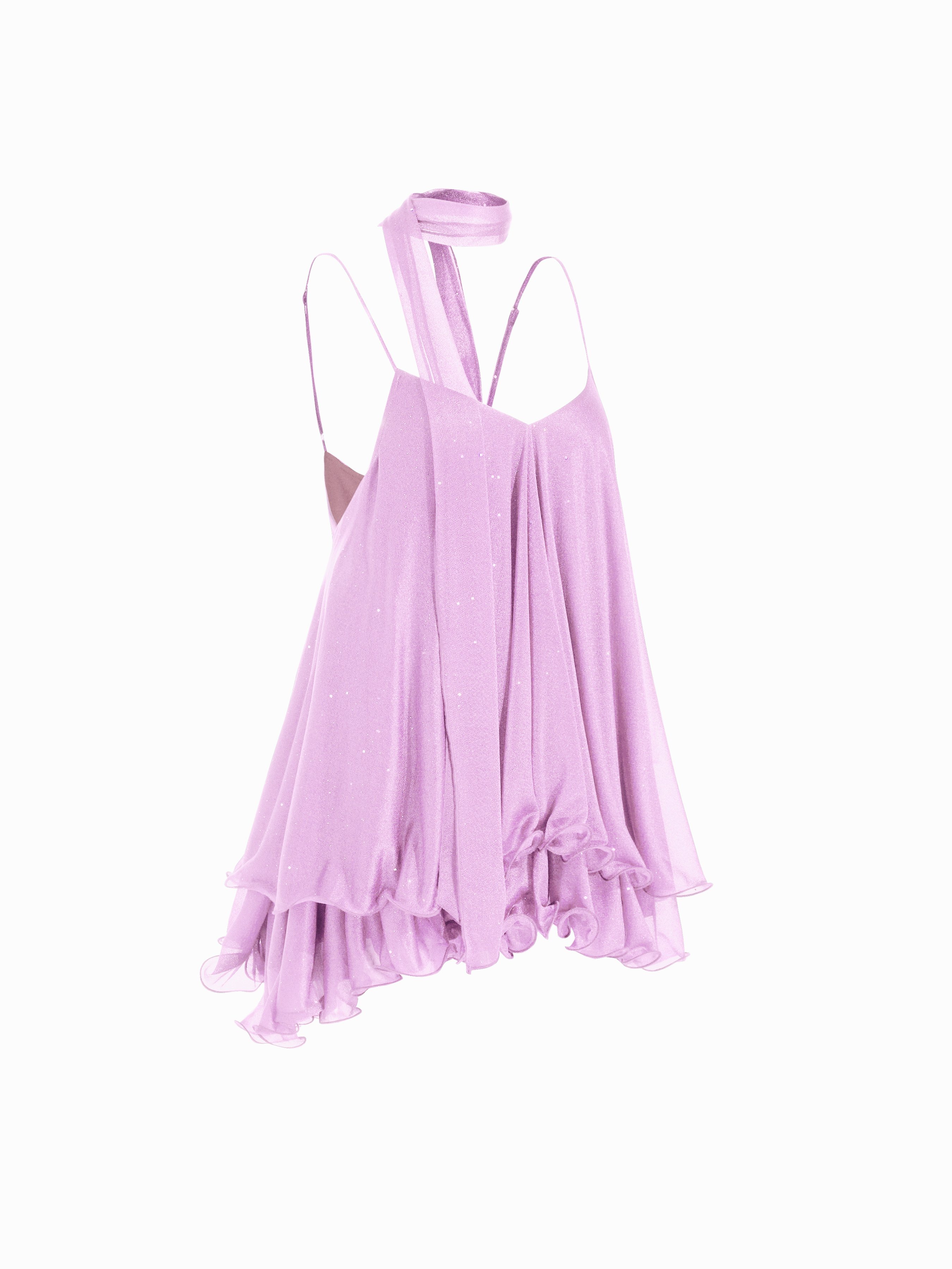 Sequin V-Neck Halter Ruffled Hem Oversized Mini Dress With Scarf — Violet