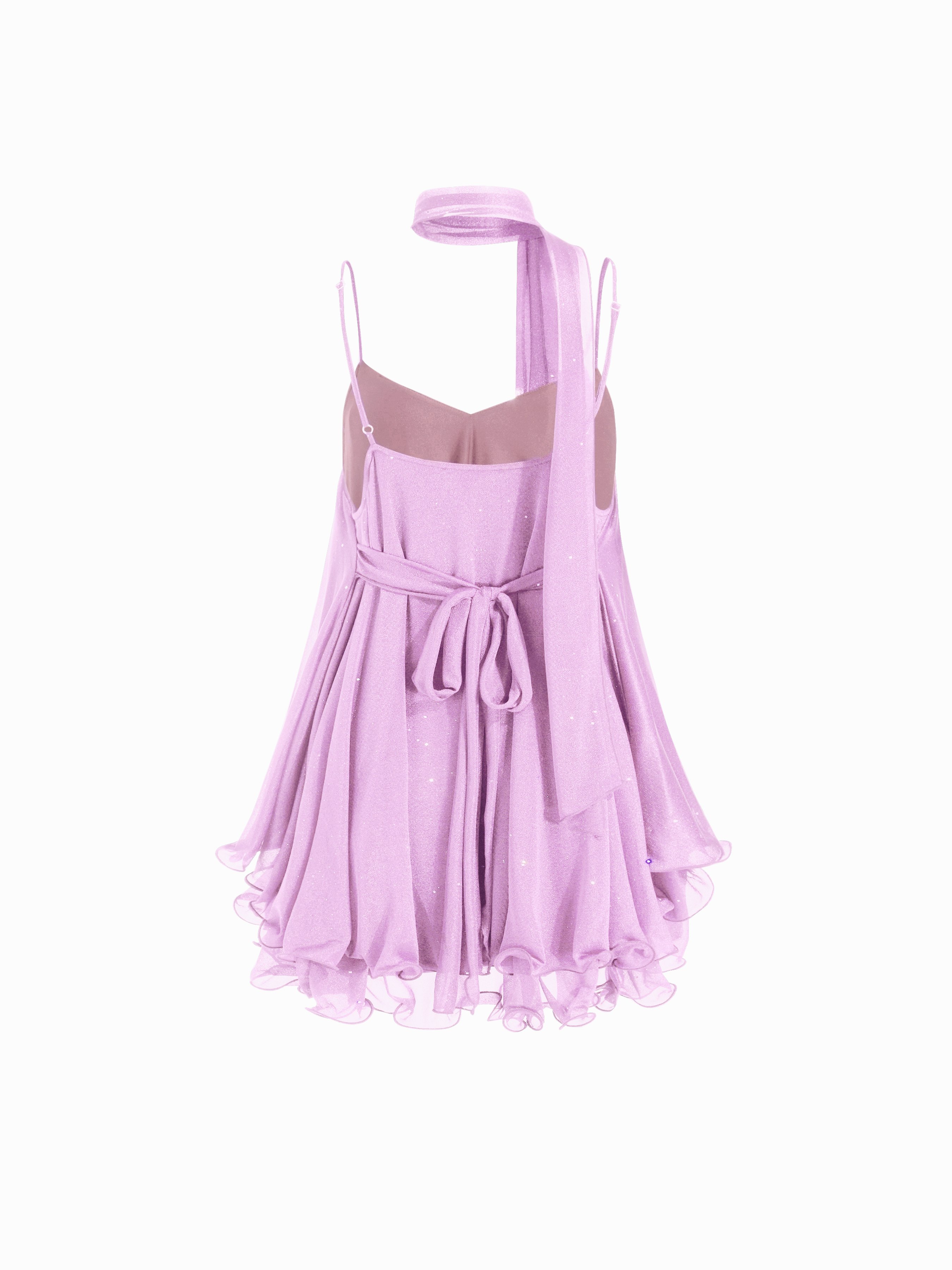 Sequin V-Neck Halter Ruffled Hem Oversized Mini Dress With Scarf — Violet