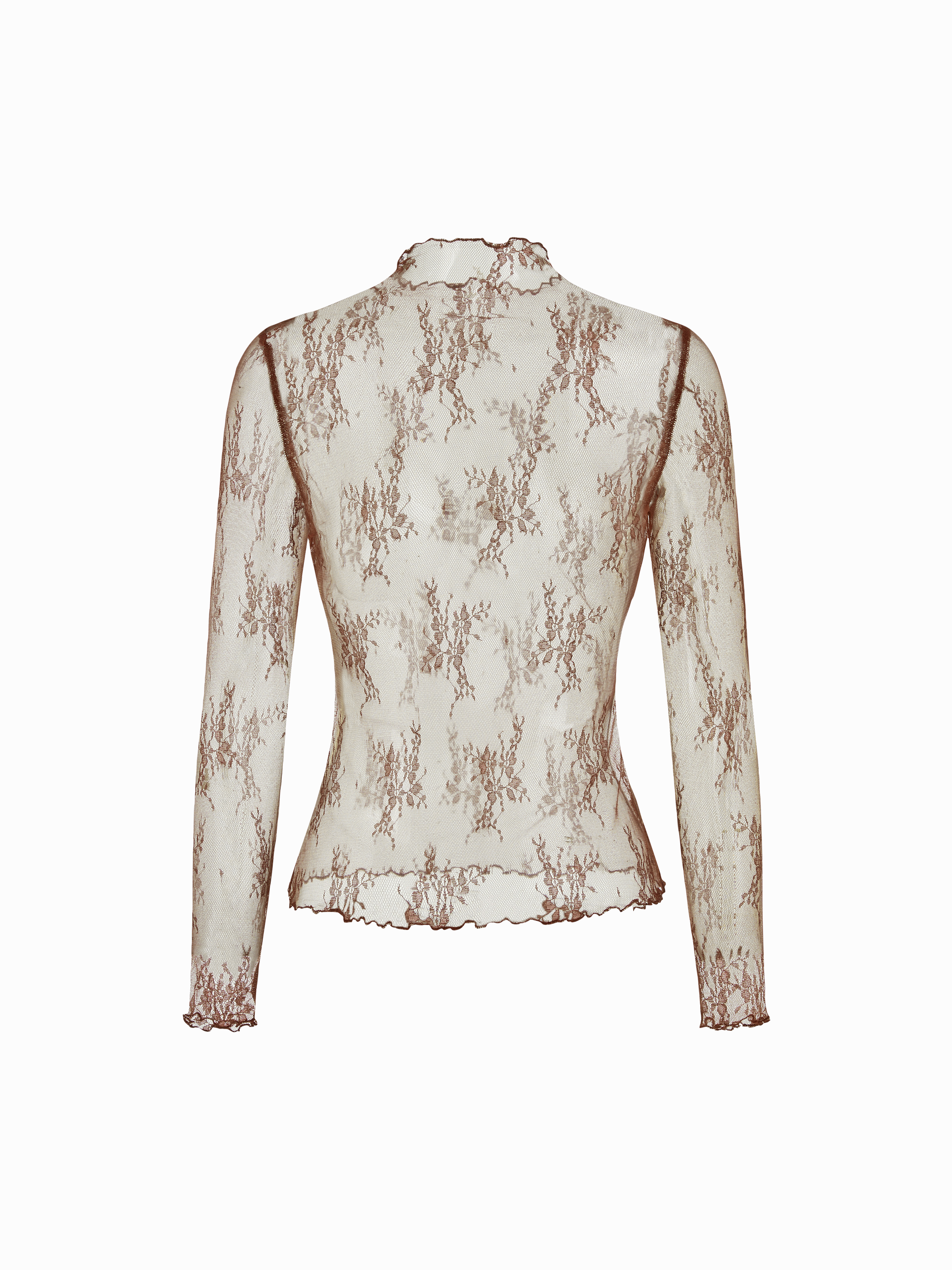 Lace High Neck Lace Long Sleeve Top — Coffee