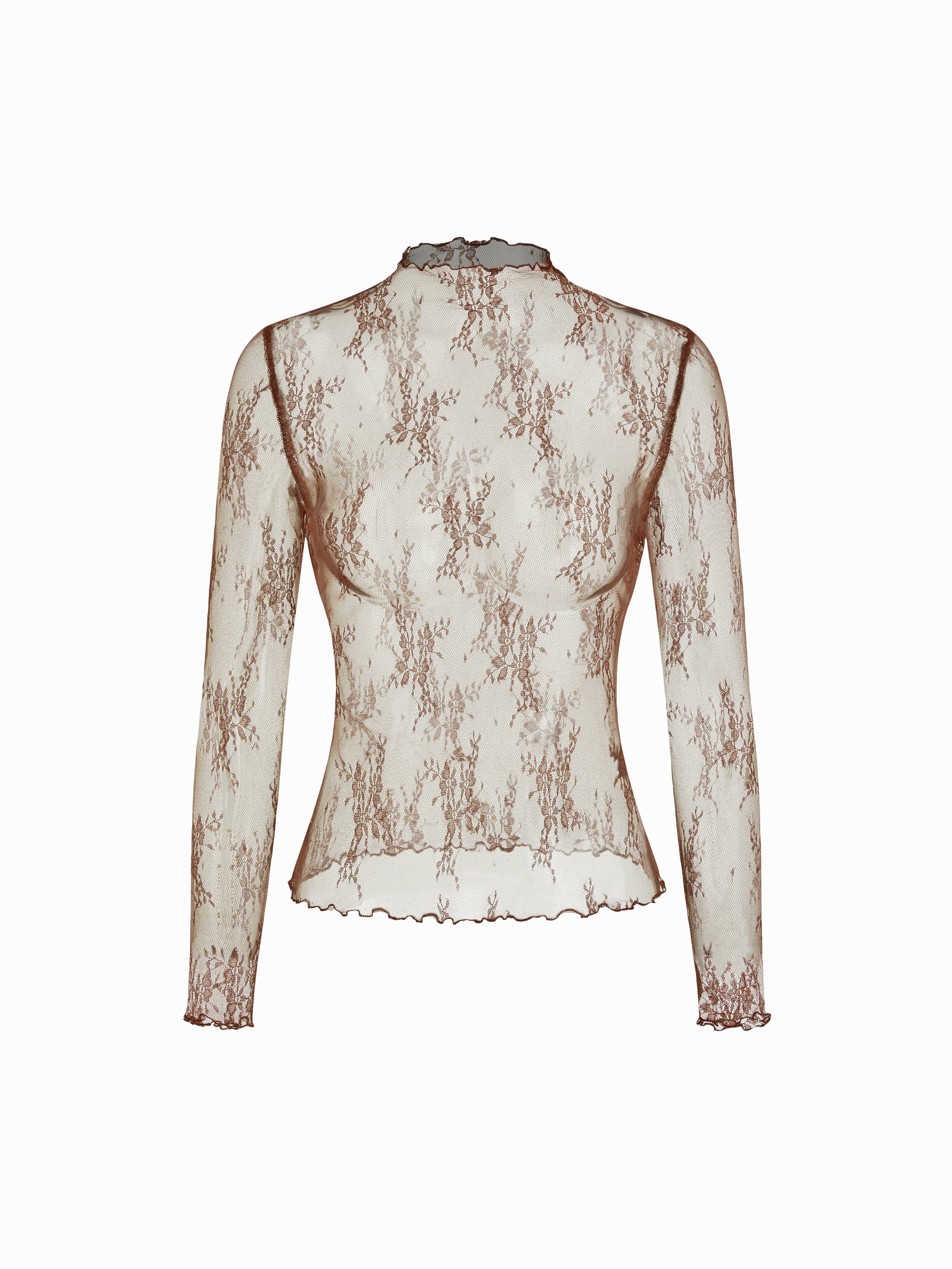 Lace High Neck Lace Long Sleeve Top — Coffee