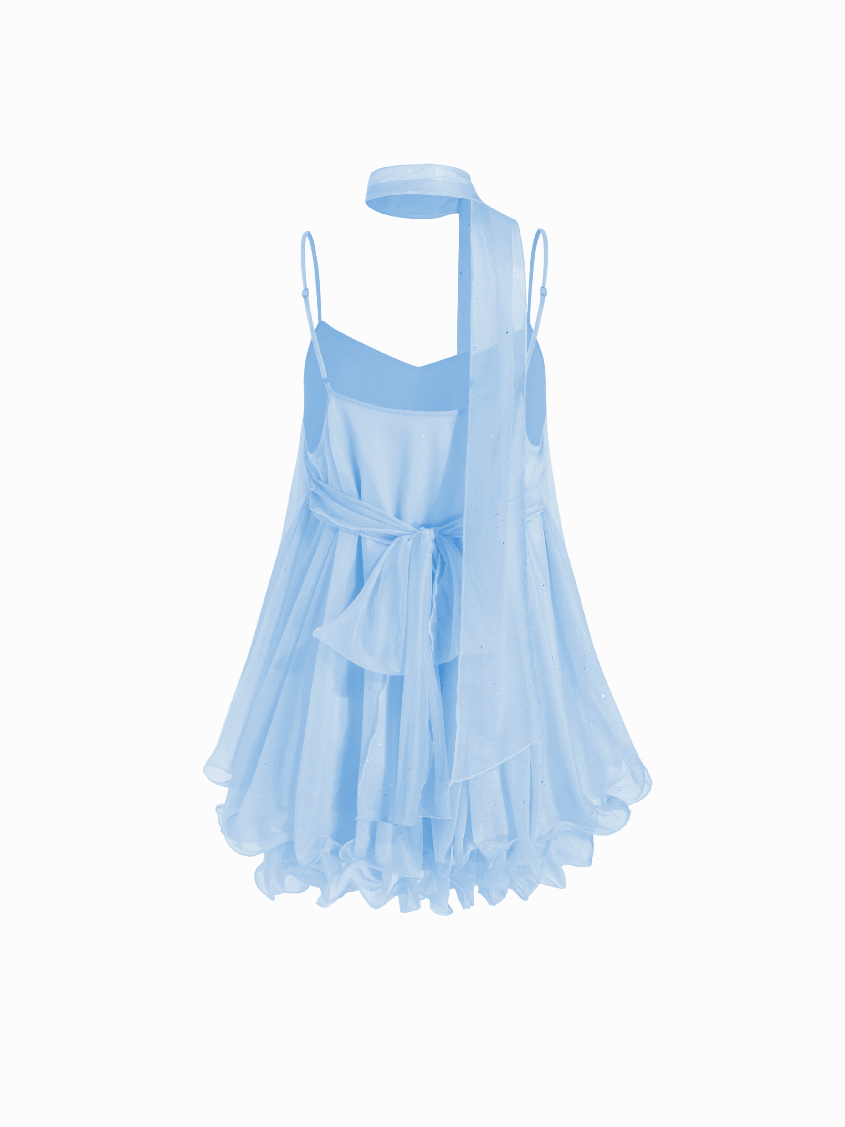 Sequin V-Neck Halter Ruffled Hem Oversized Mini Dress With Scarf — Baby Blue