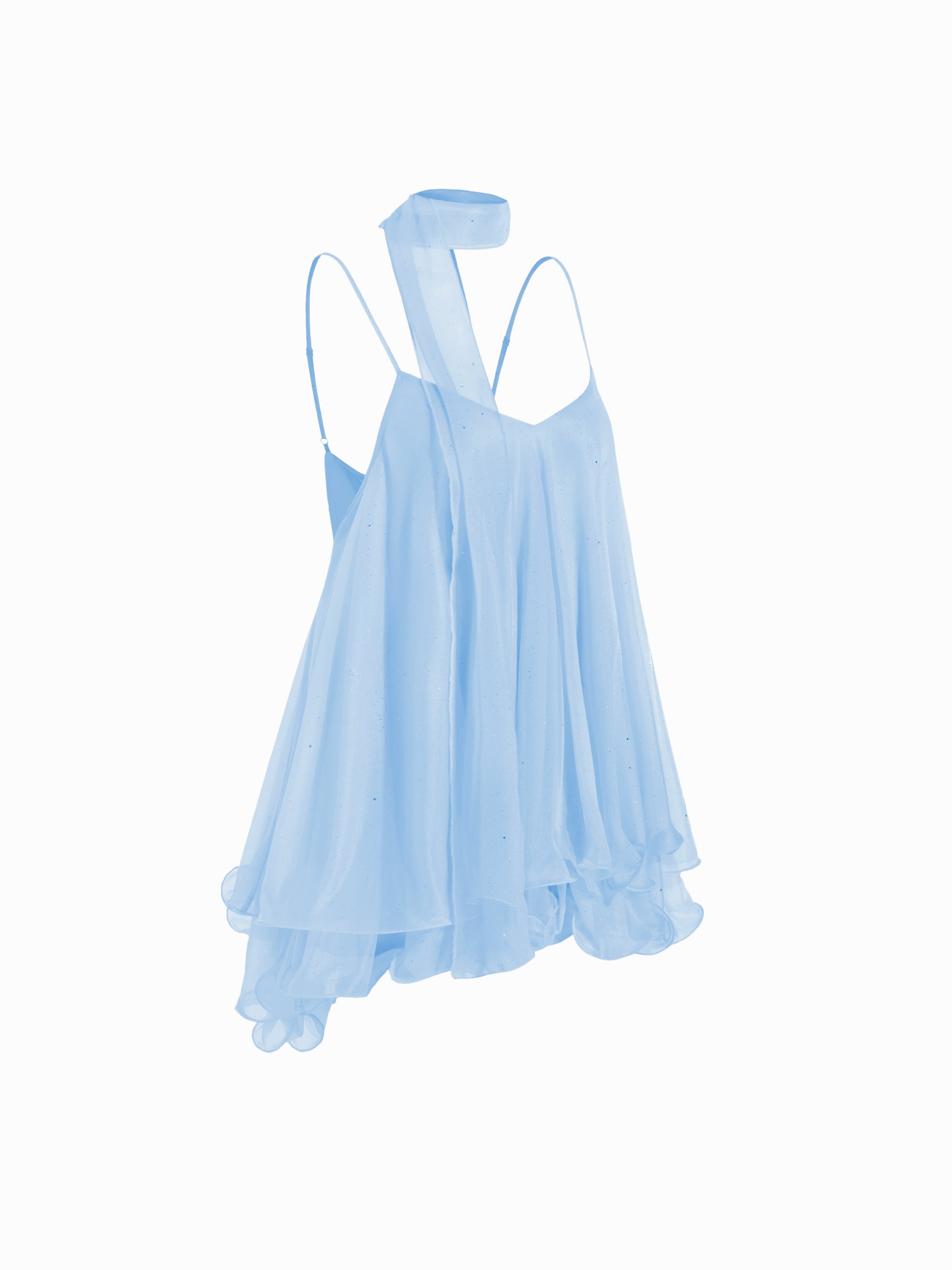 Sequin V-Neck Halter Ruffled Hem Oversized Mini Dress With Scarf — Baby Blue