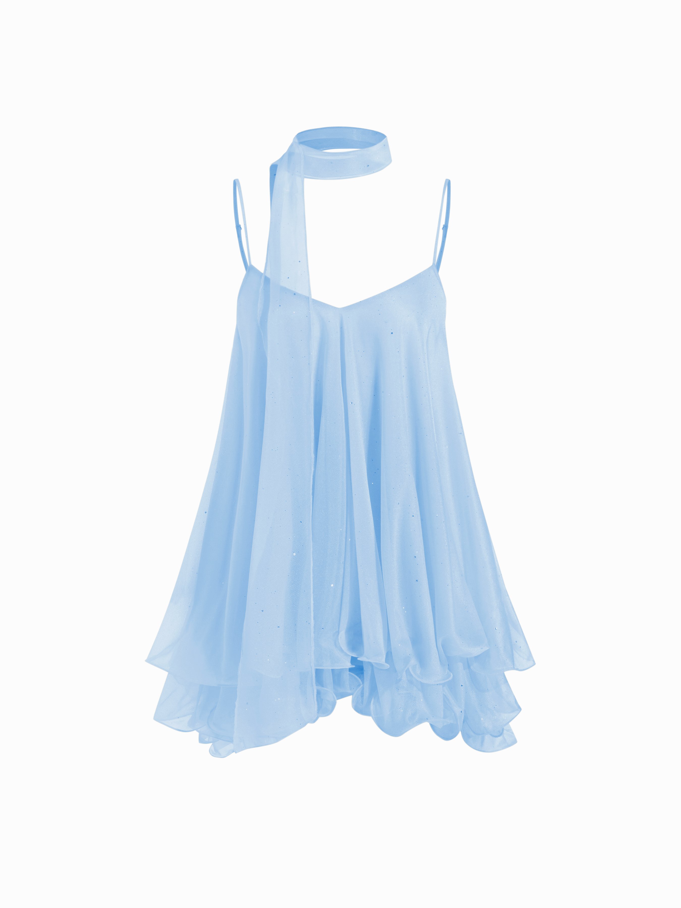 Sequin V-Neck Halter Ruffled Hem Oversized Mini Dress With Scarf — Baby Blue