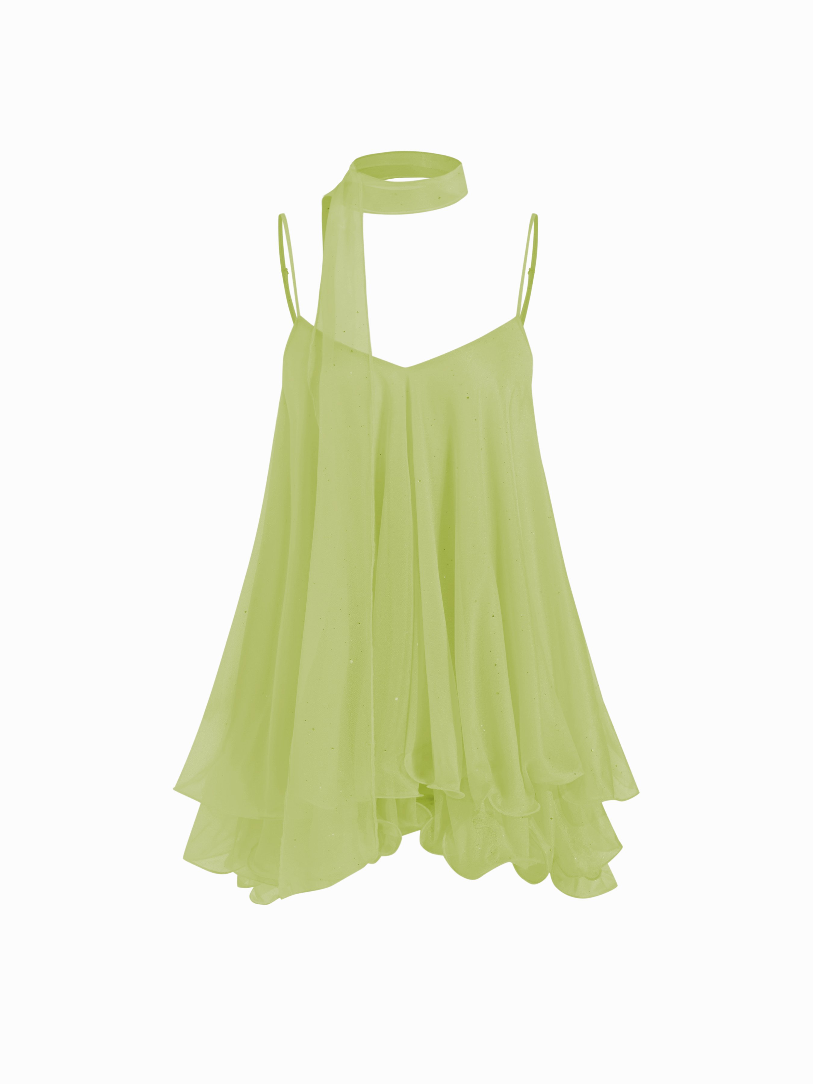 Sequin V-Neck Halter Ruffled Hem Oversized Mini Dress With Scarf — Pale Green