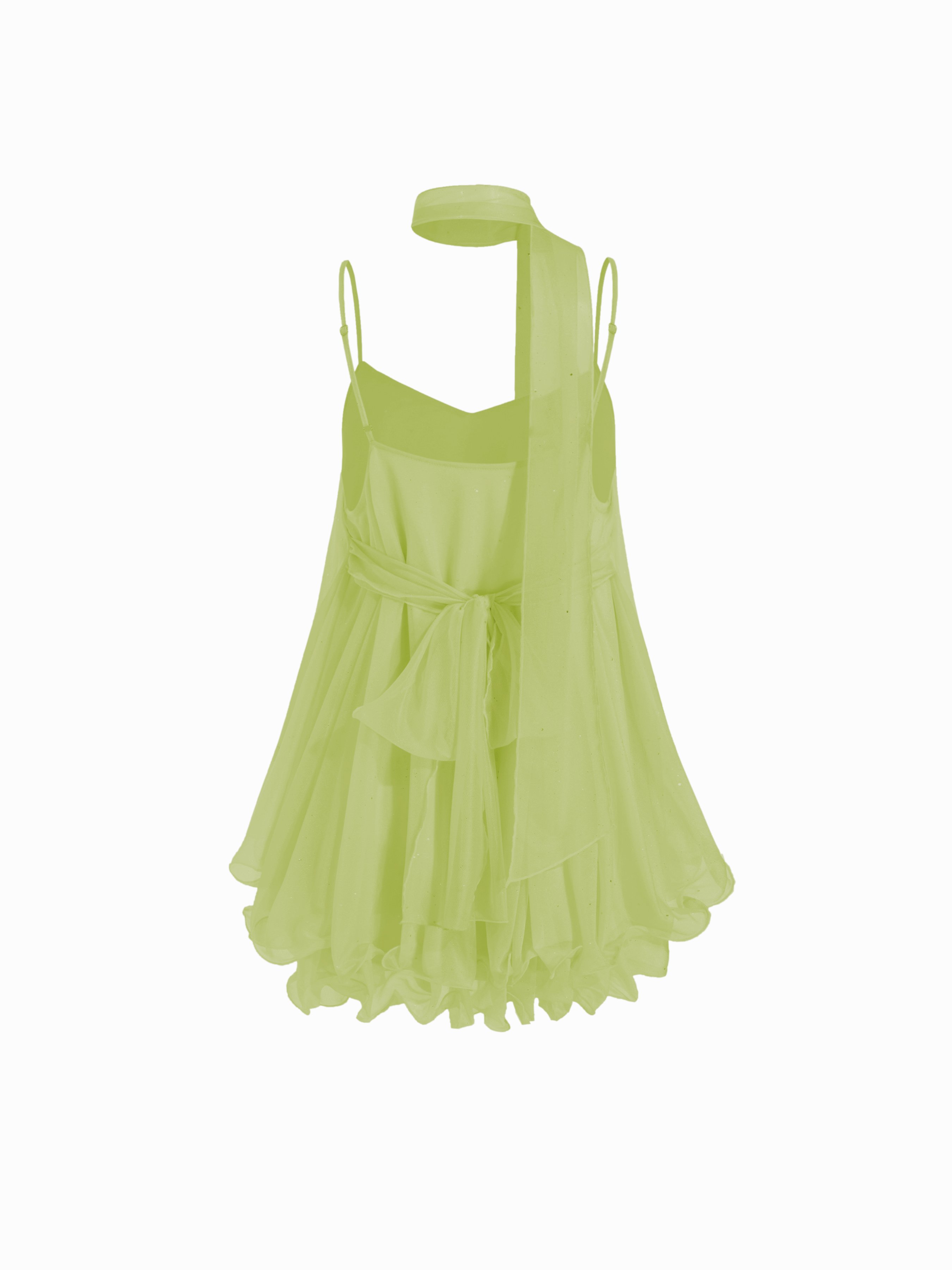 Sequin V-Neck Halter Ruffled Hem Oversized Mini Dress With Scarf — Pale Green
