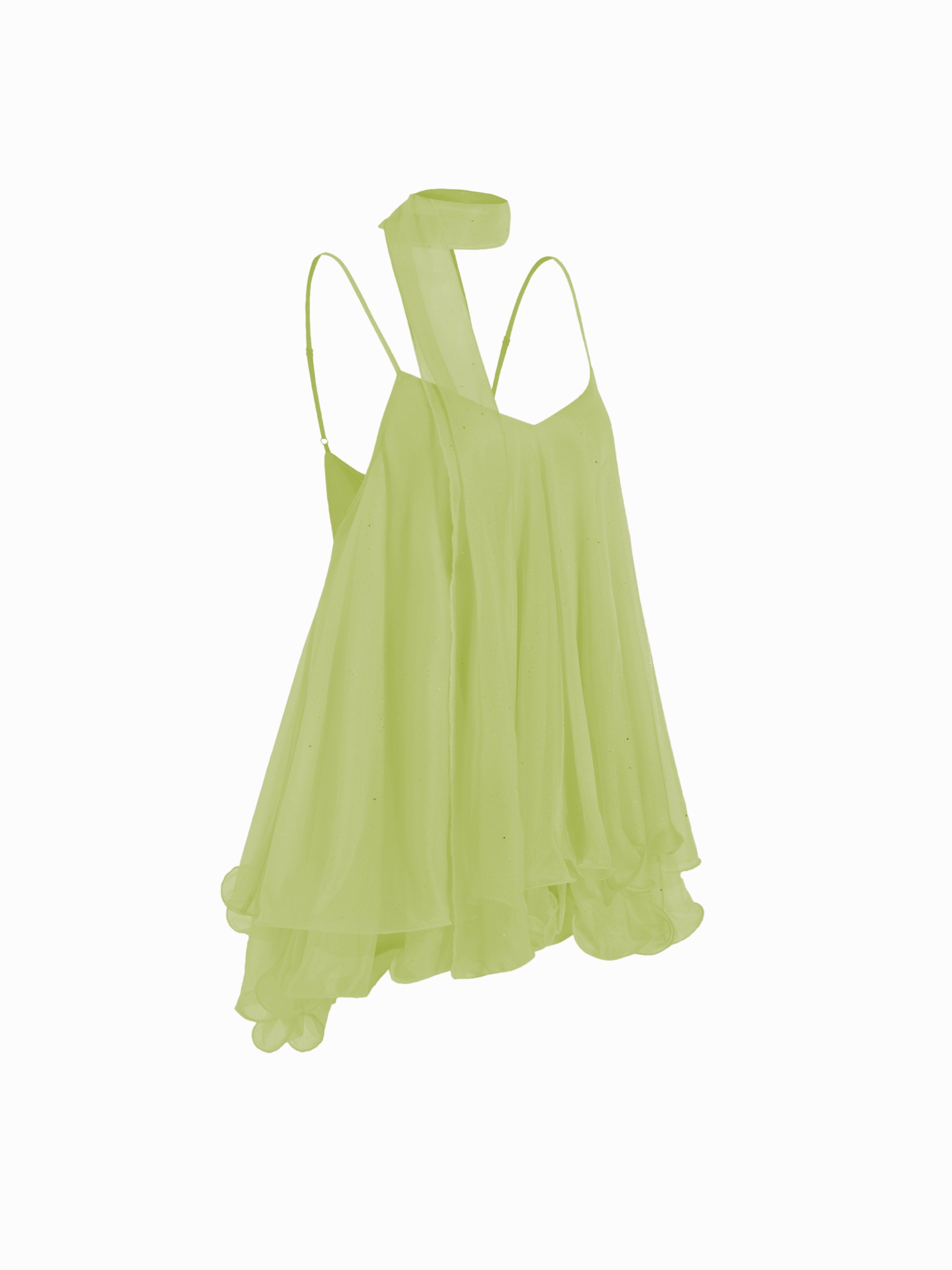 Sequin V-Neck Halter Ruffled Hem Oversized Mini Dress With Scarf — Pale Green