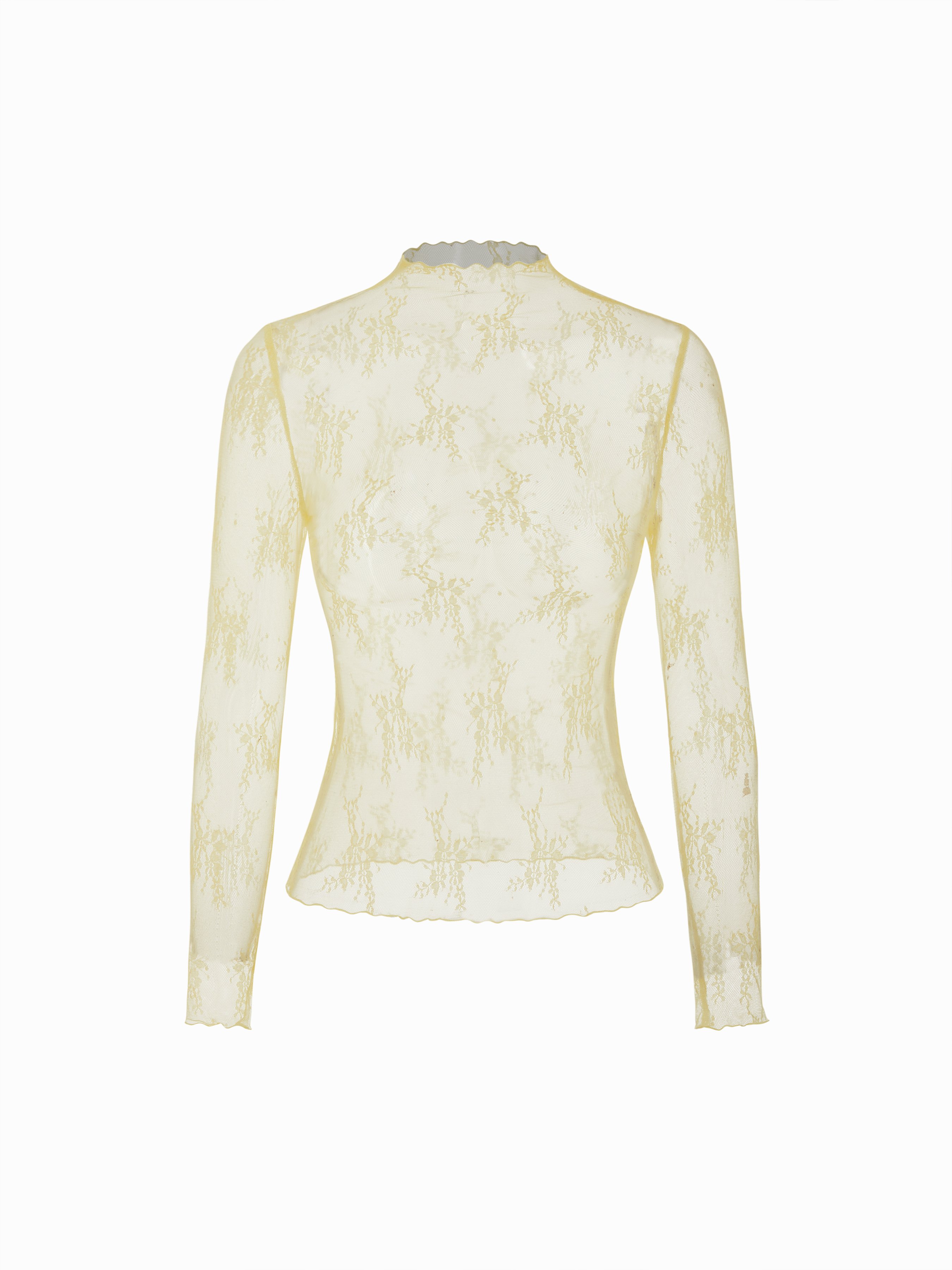 Lace High Neck Lace Long Sleeve Top — Yellow