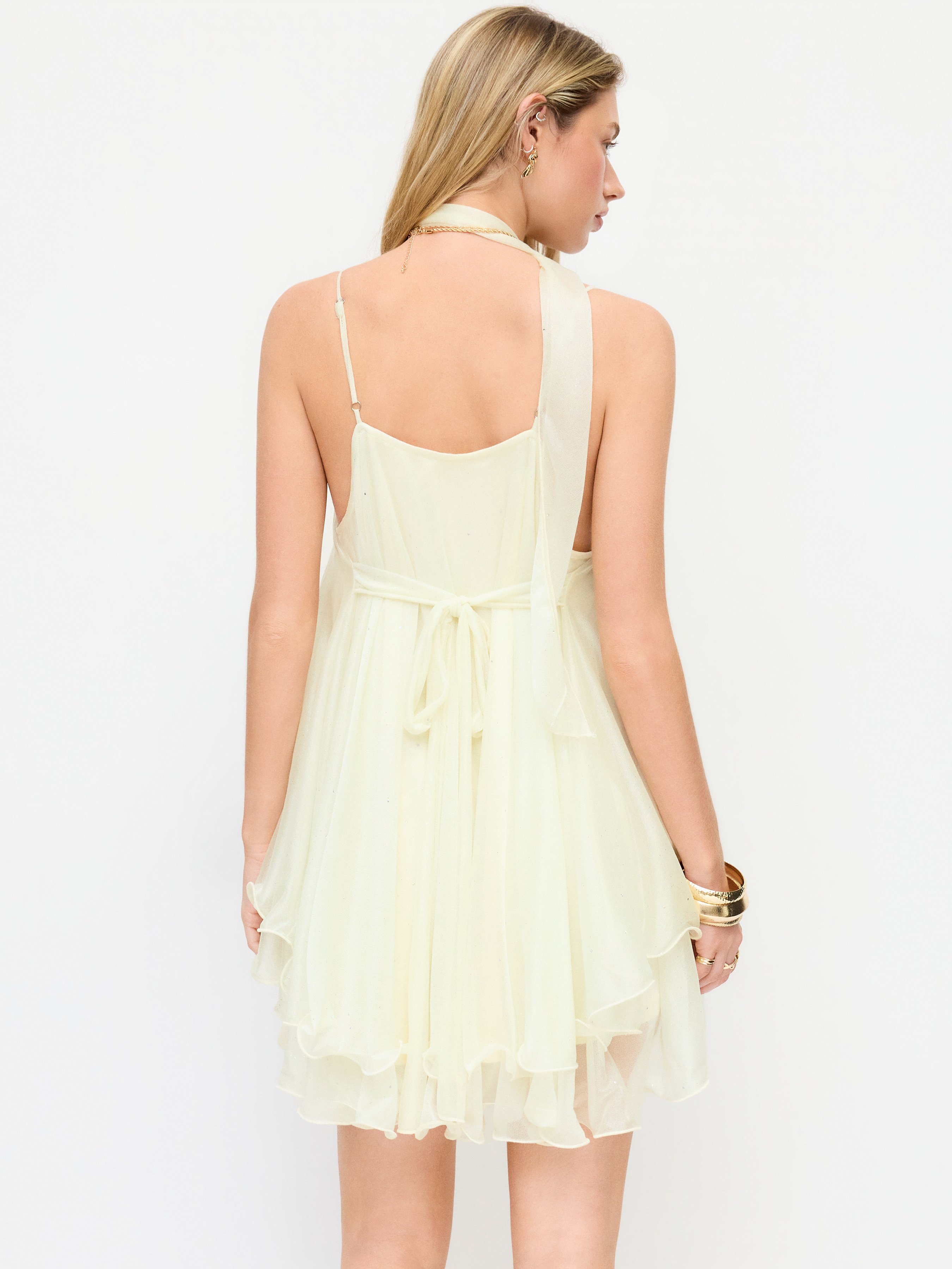 Sequin V-Neck Halter Ruffled Hem Oversized Mini Dress With Scarf — Beige