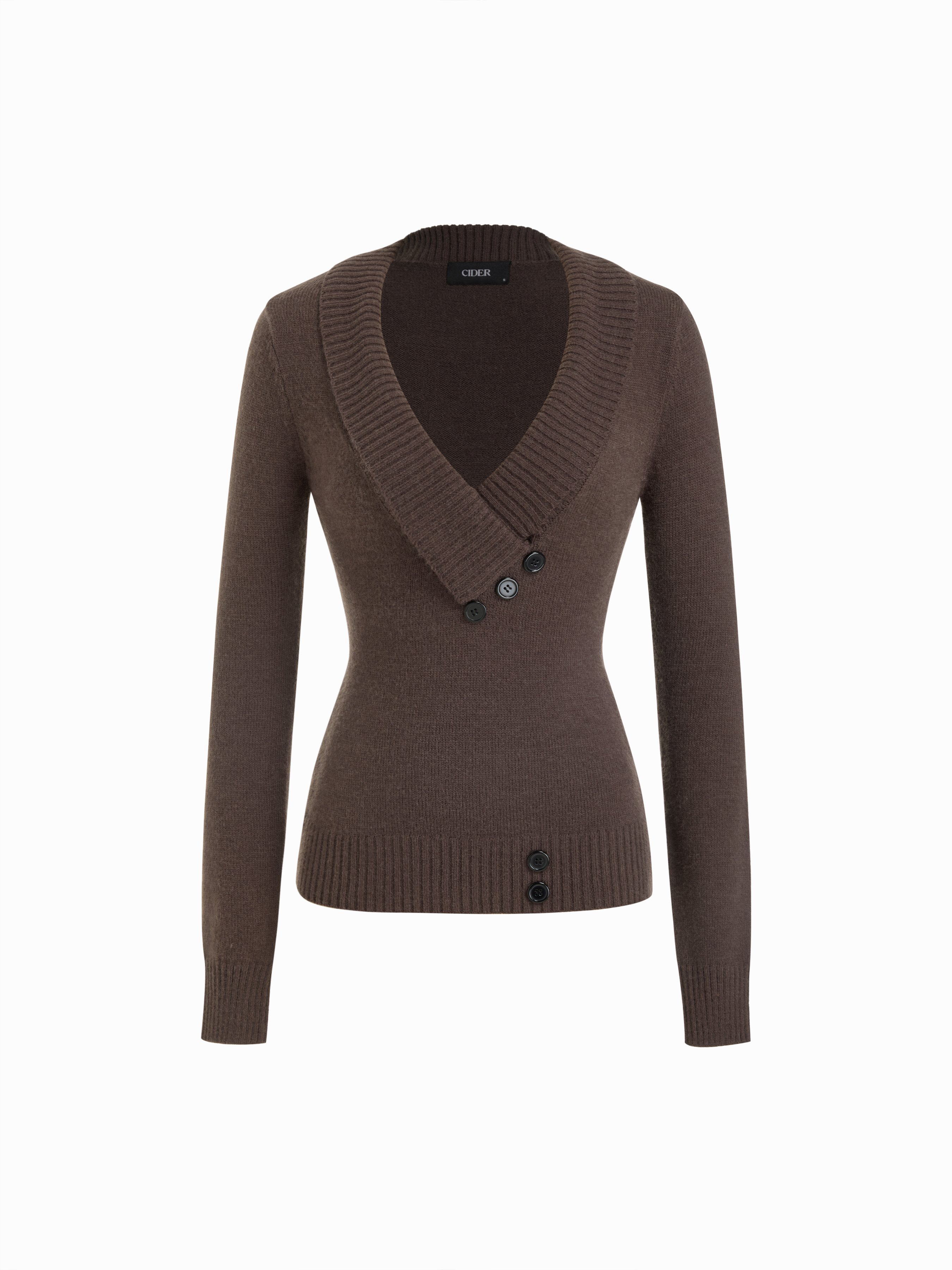 Knit Shawl V-neck Collar Button Detail Sweater — Brown