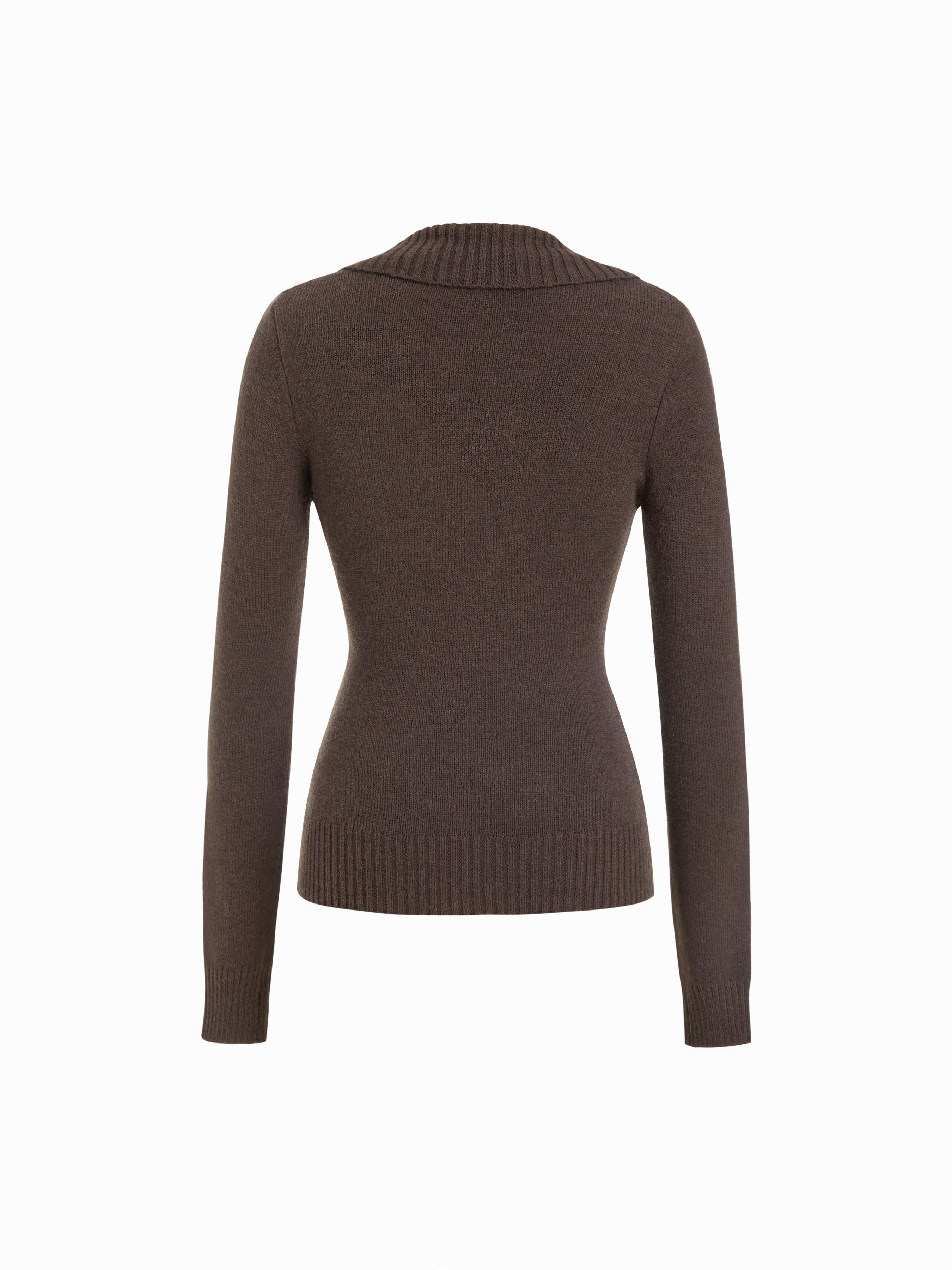 Knit Shawl V-neck Collar Button Detail Sweater — Brown