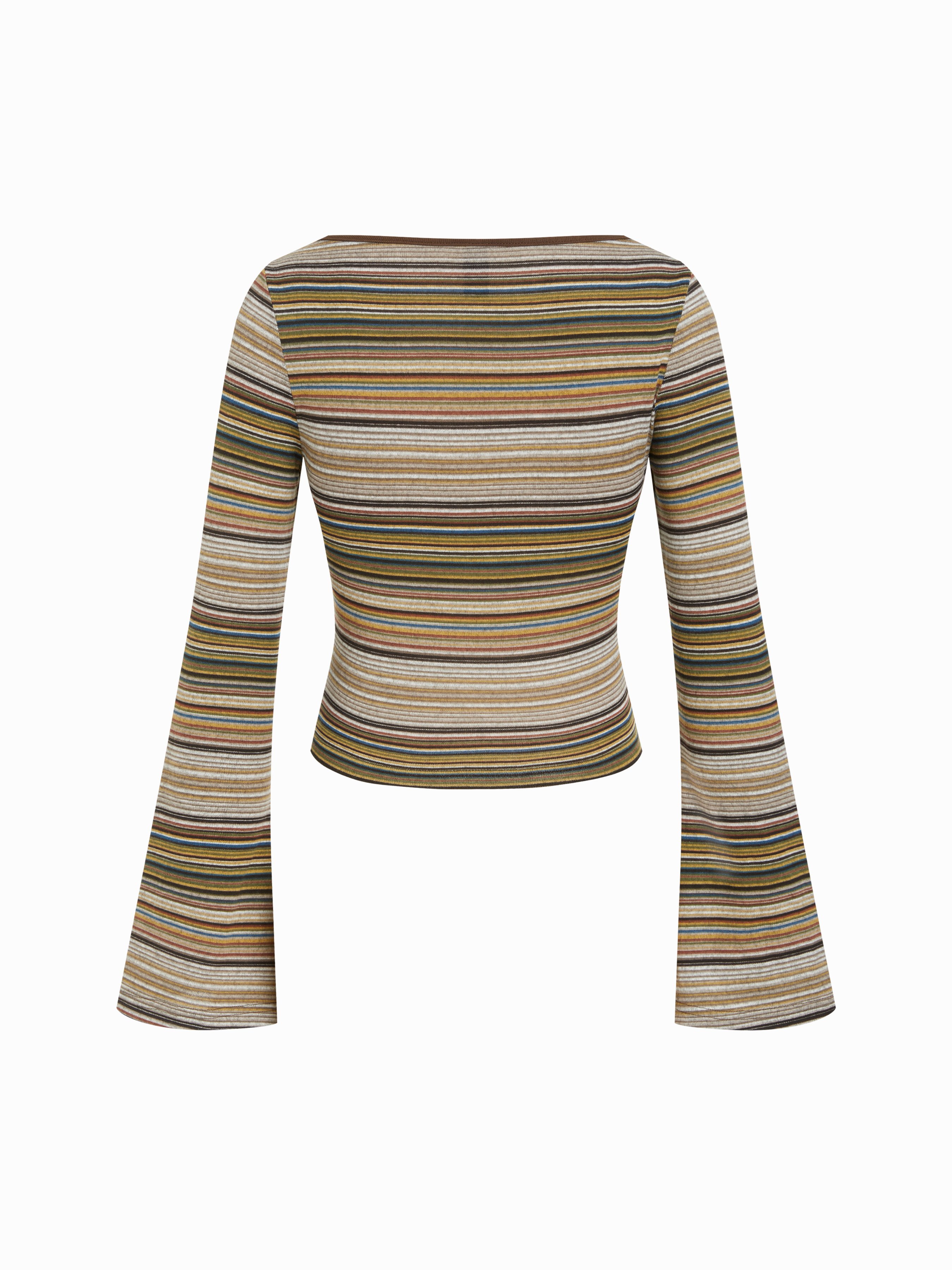 Striped Boat Neck Bell Sleeve Slim Tee — Khaki