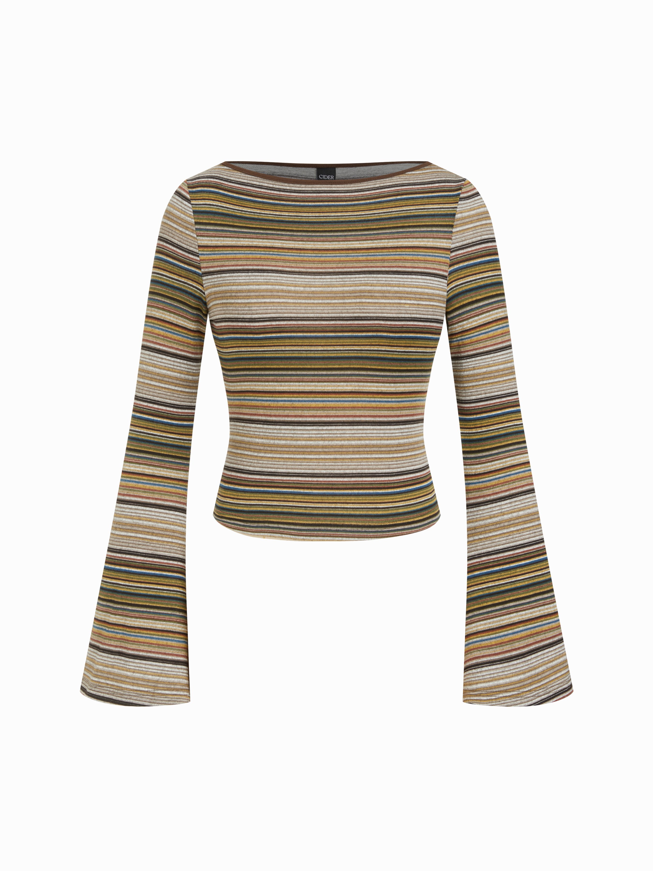 Striped Boat Neck Bell Sleeve Slim Tee — Khaki