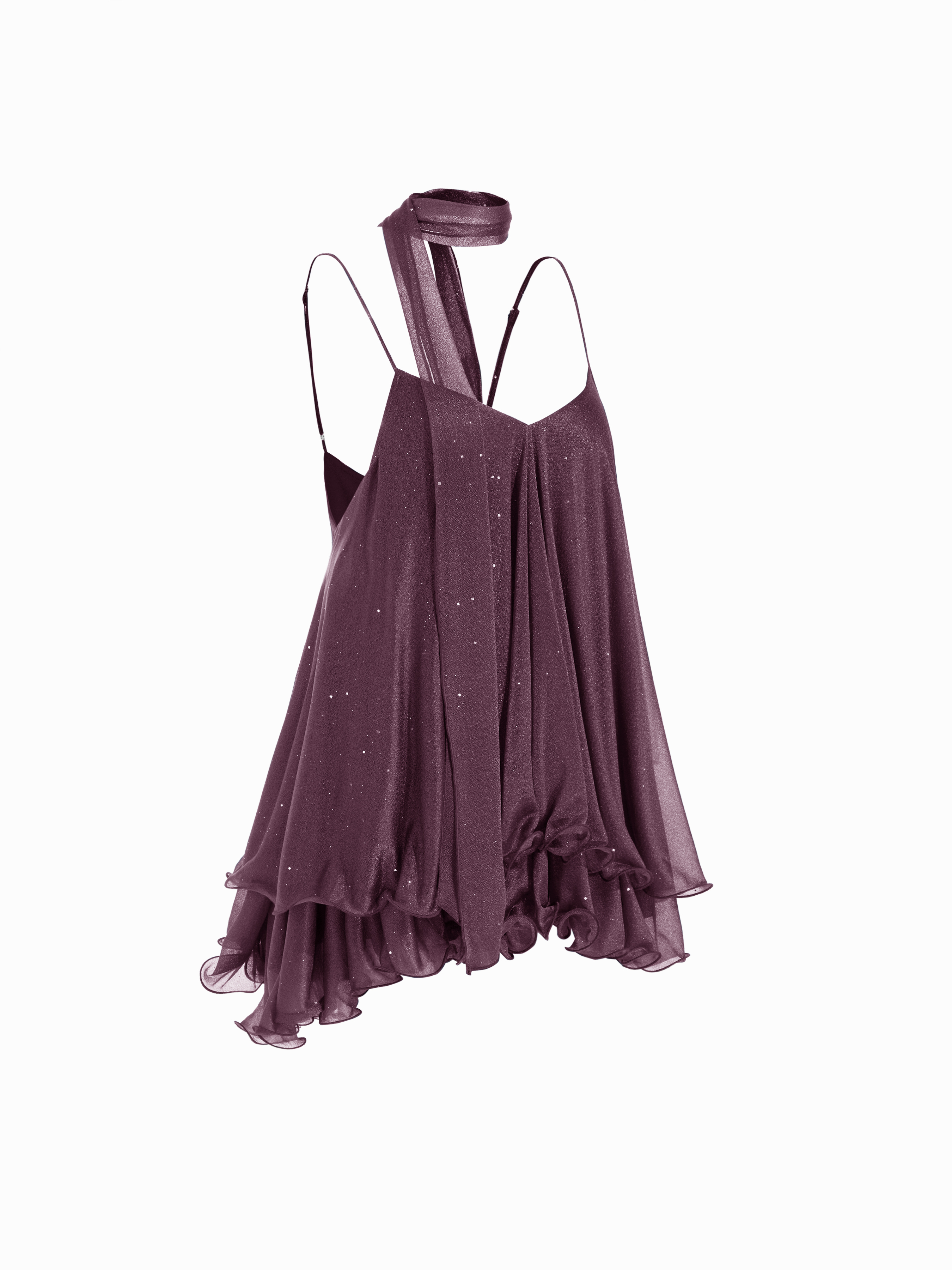 Sequin V-Neck Halter Ruffled Hem Oversized Mini Dress With Scarf — Purple Fig