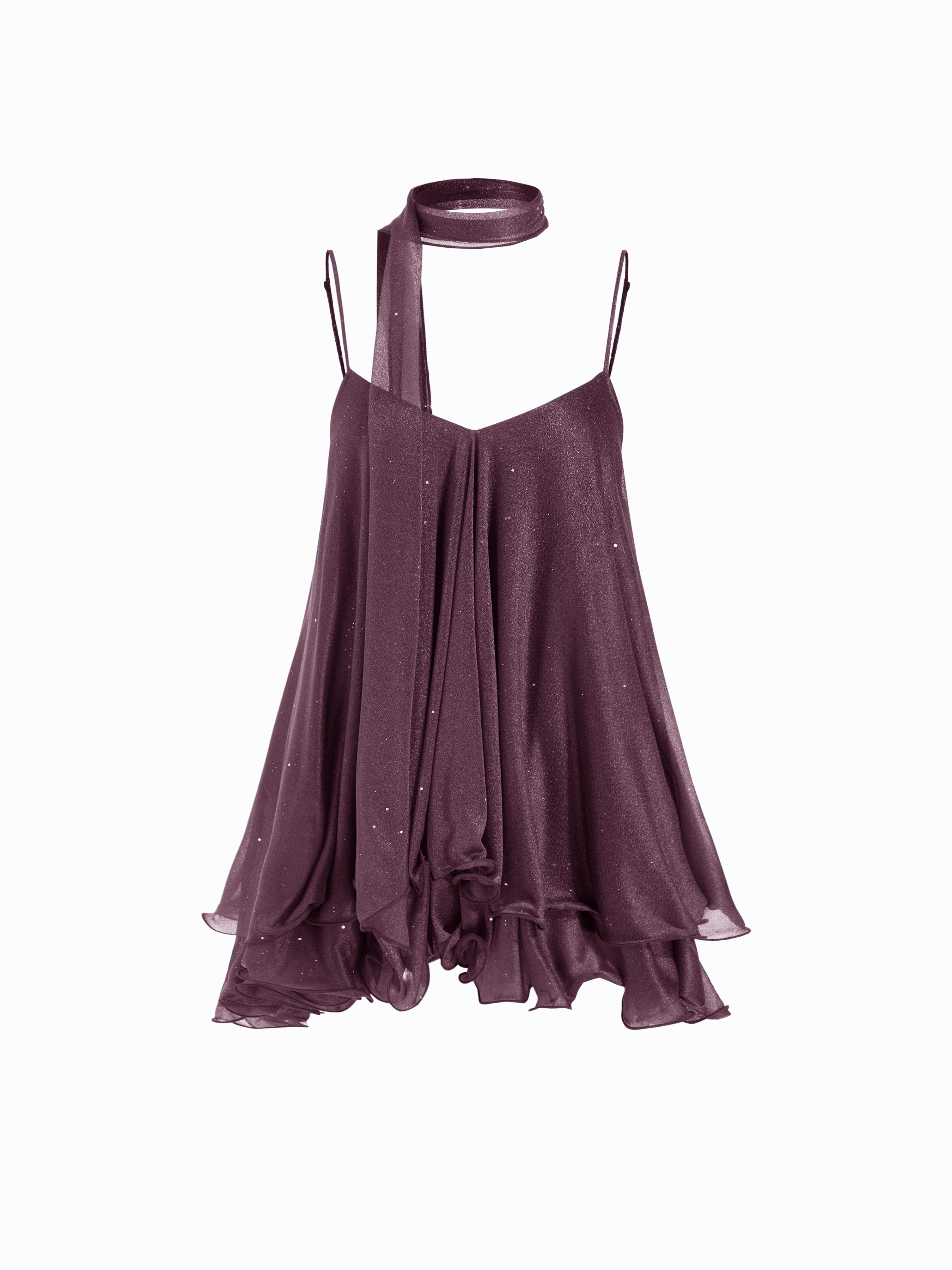 Sequin V-Neck Halter Ruffled Hem Oversized Mini Dress With Scarf — Purple Fig