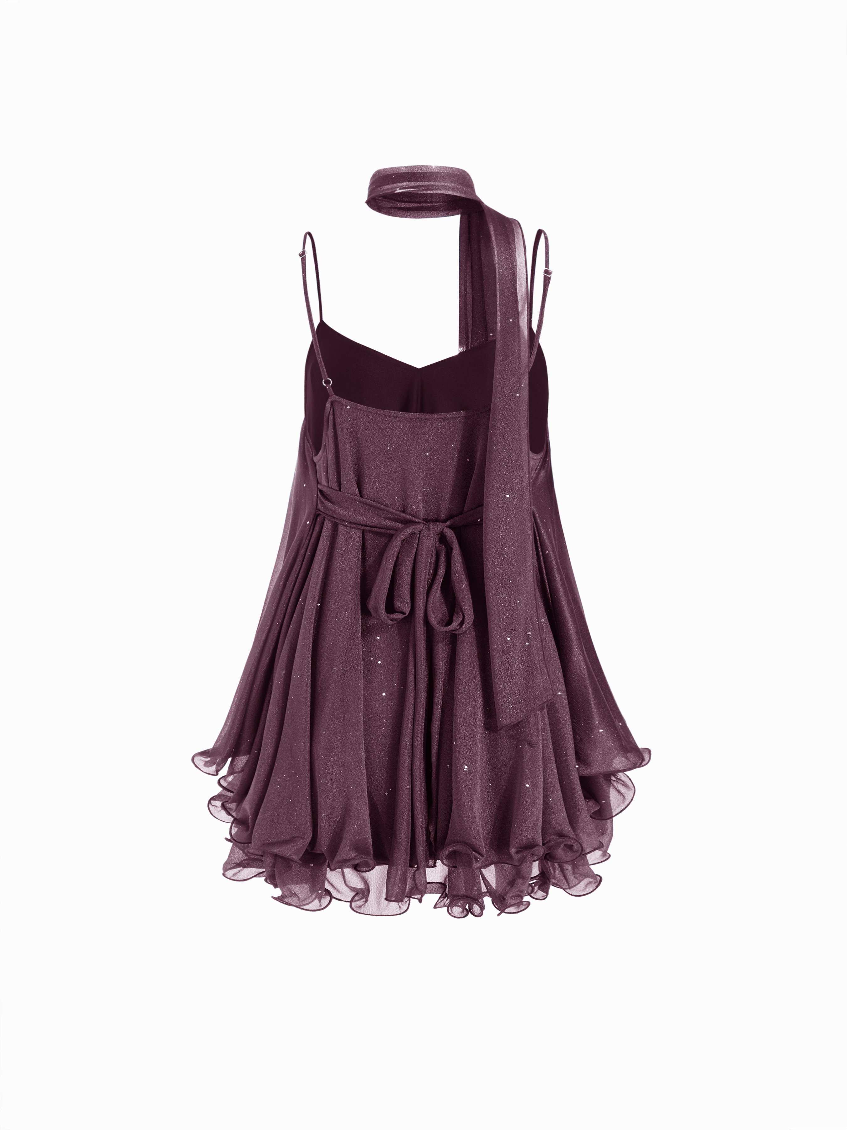 Sequin V-Neck Halter Ruffled Hem Oversized Mini Dress With Scarf — Purple Fig